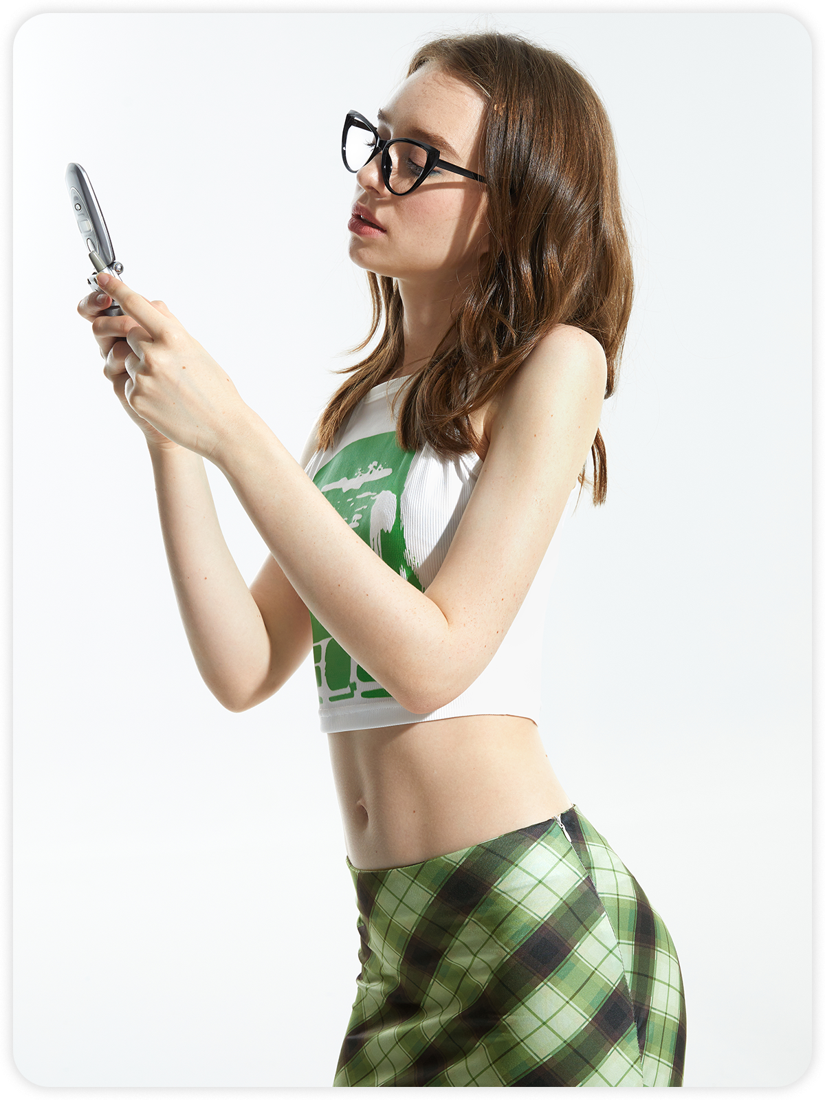 【Final Sale】Street Green Phone Print Single Color Print Top Tank Top & Cami