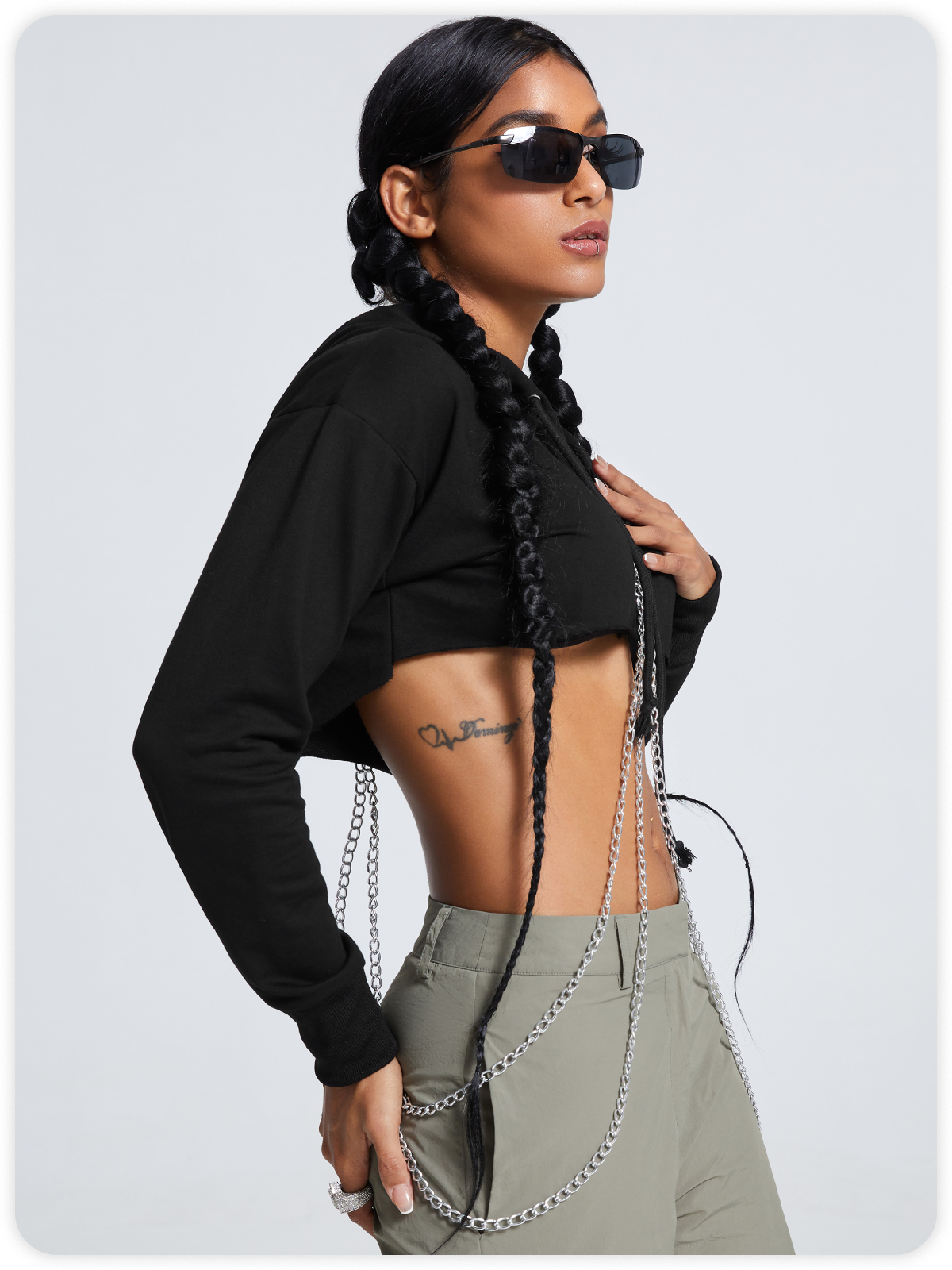 Street Black Hooded Metal Chain Top Hoodie & Sweatshirt