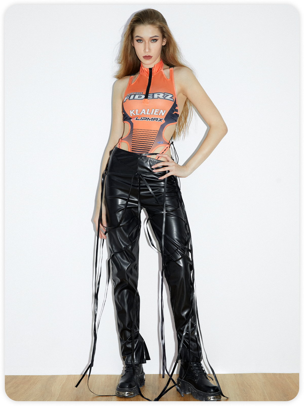 Edgy Gray Letter Lace Up Zip Cyberpunk Bodysuit
