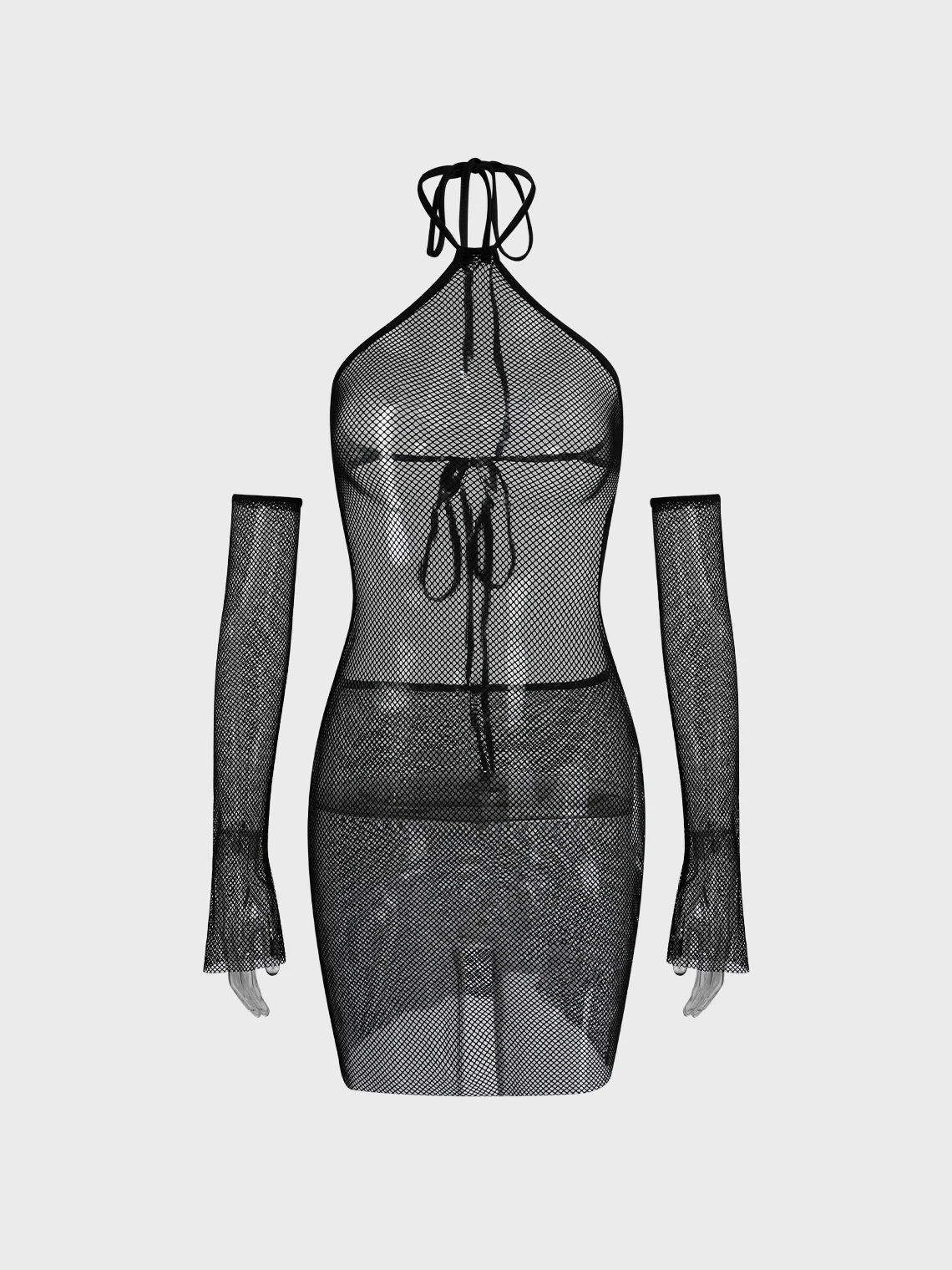 【Final Sale】Street Black Fish net Lace up Dress Mini Dress