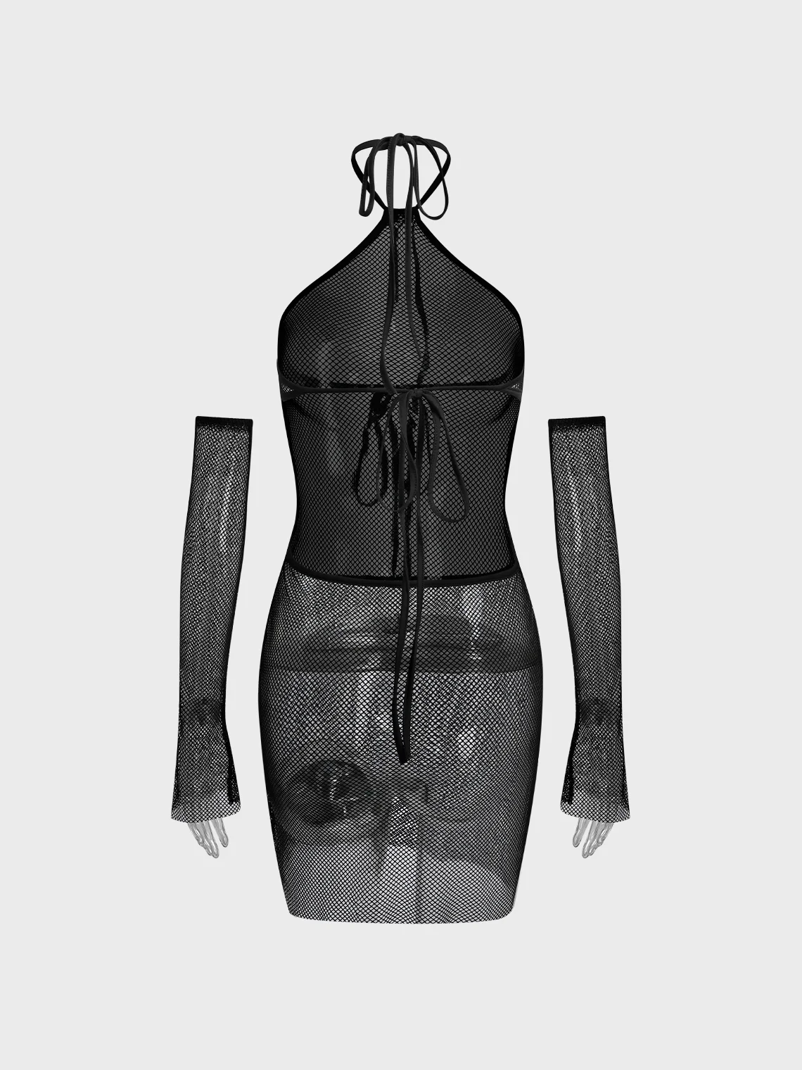 【Final Sale】Street Black Fish net Lace up Dress Mini Dress