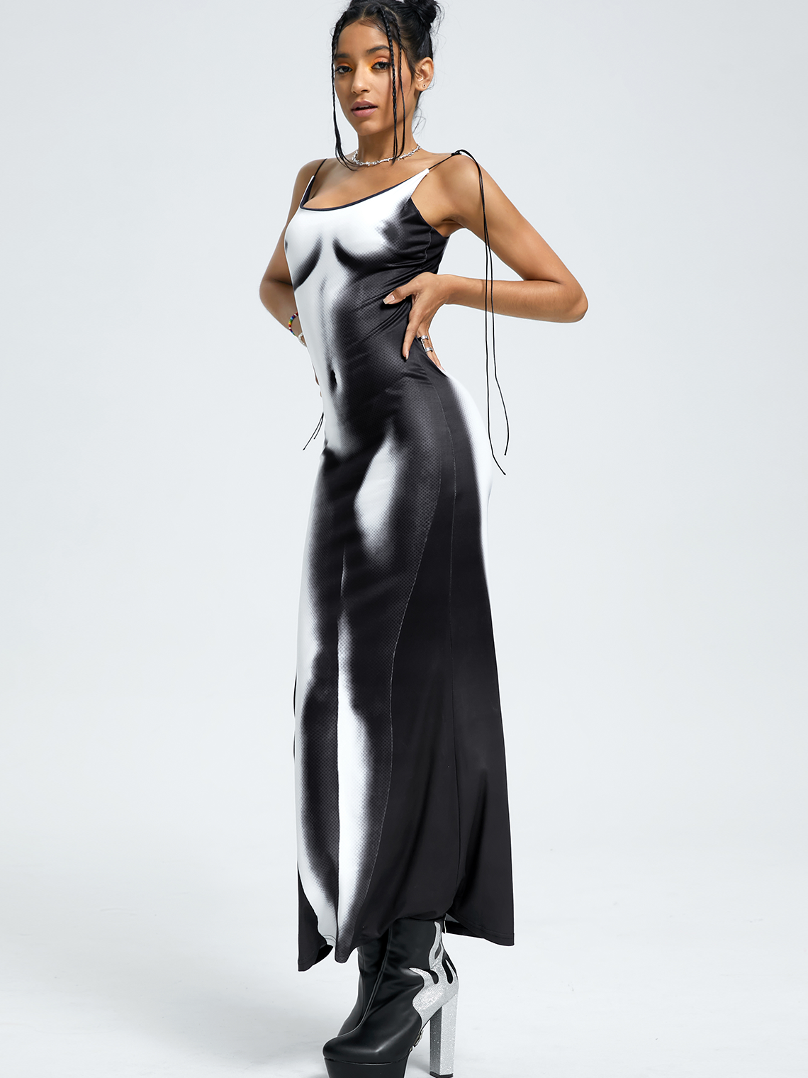 Edgy Black Body print Dress Midi Dress
