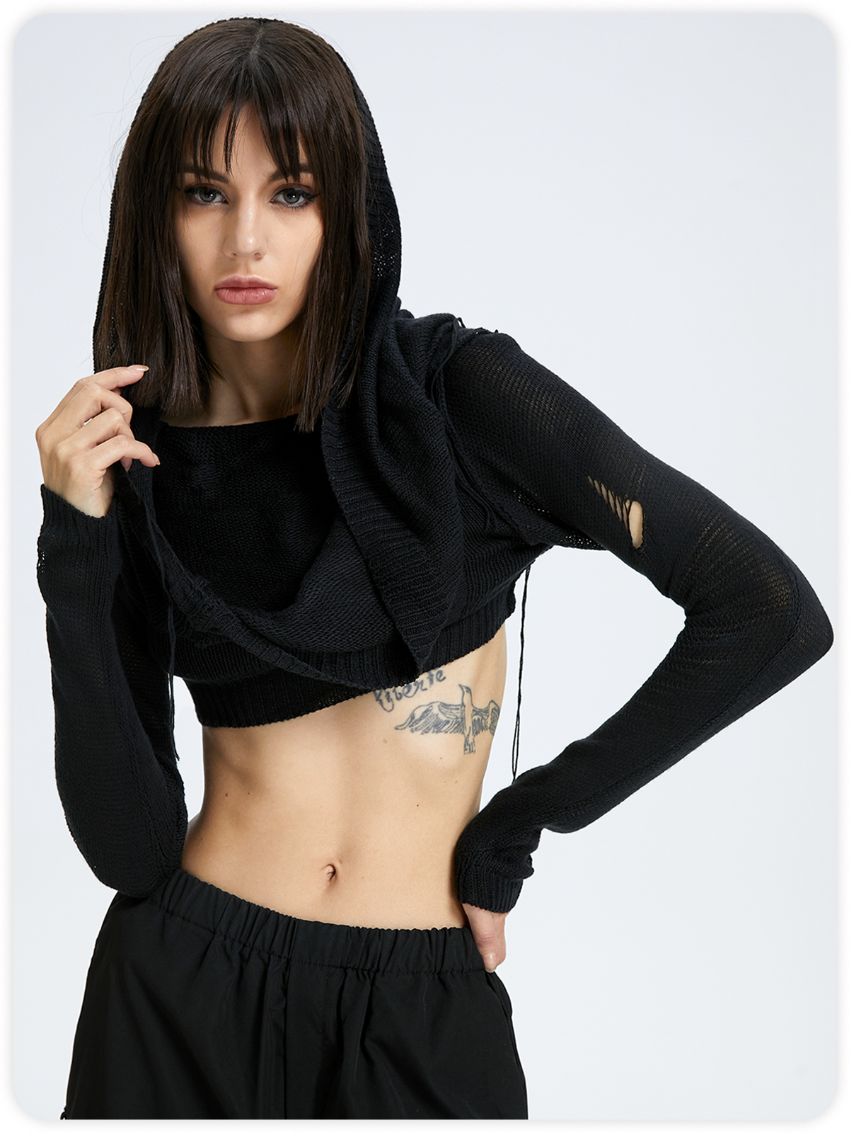 Edgy Black Hooded Cut Out Top Sweater