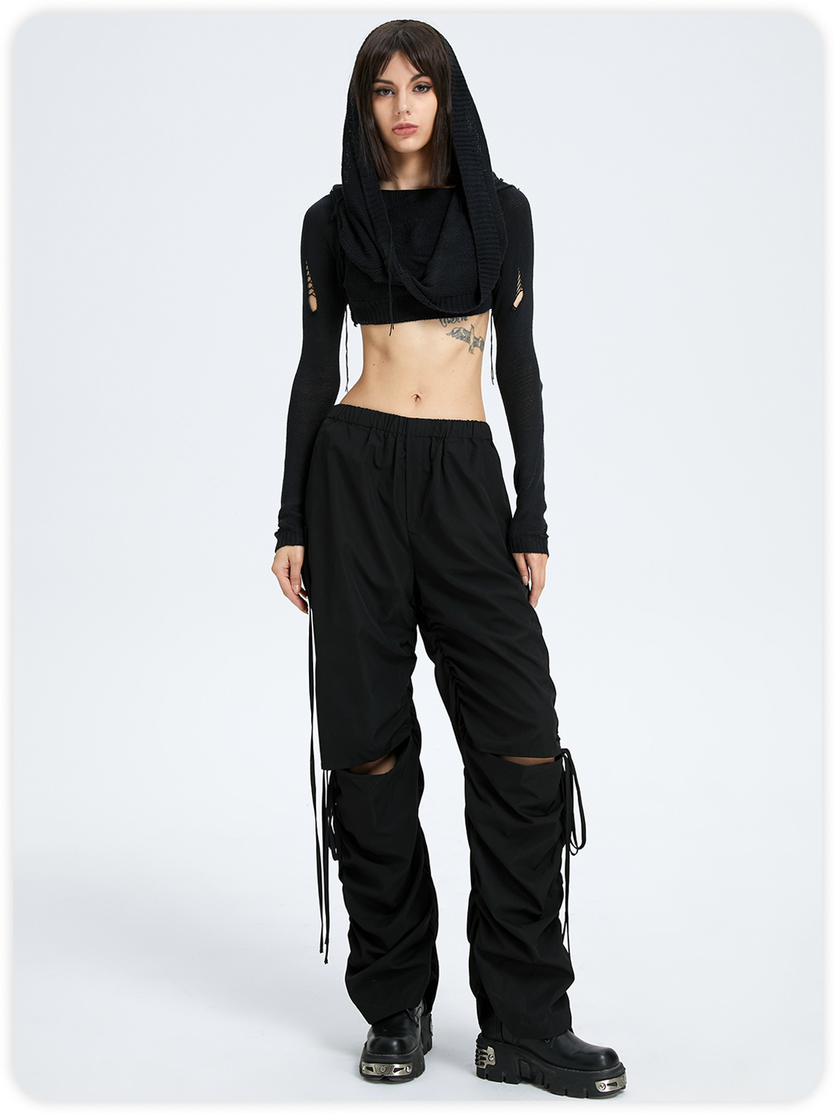 Edgy Black Hooded Cut Out Top Sweater