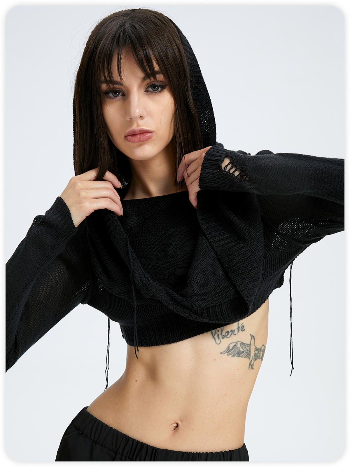Edgy Black Hooded Cut Out Top Sweater