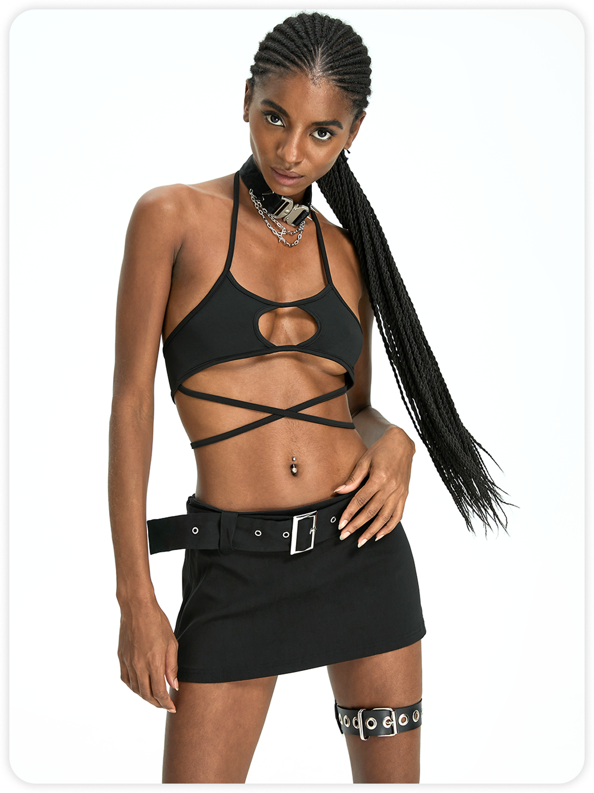 Street Black Lace up Belt Two-Piece Set