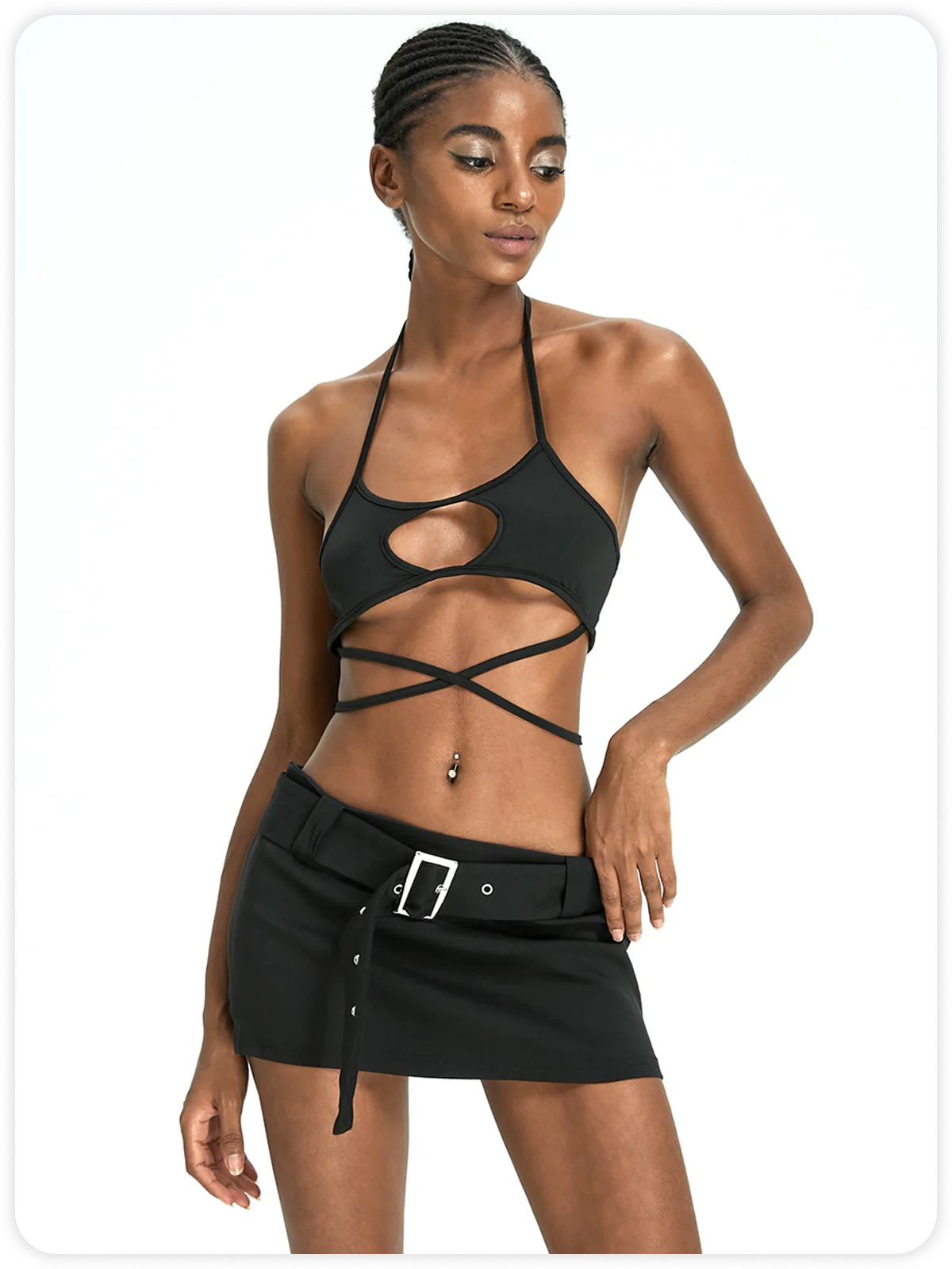 Street Black Lace up Belt Two-Piece Set