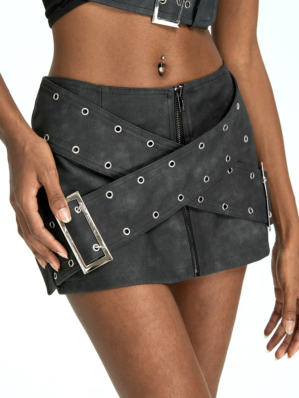 Punk Black Cross belt Metal Bottom Skirt