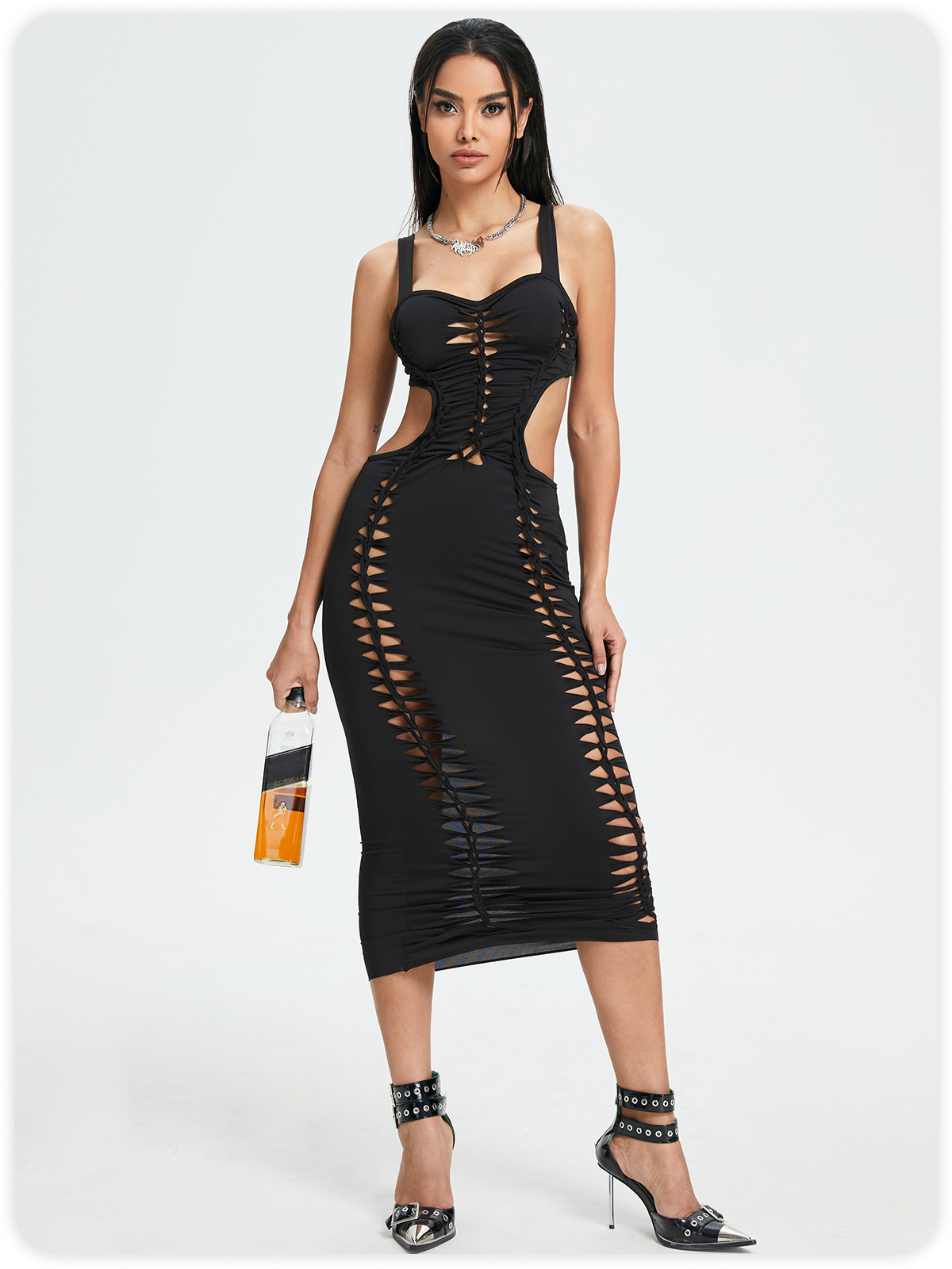 Street Brown Cut Out Dress Midi Dress
