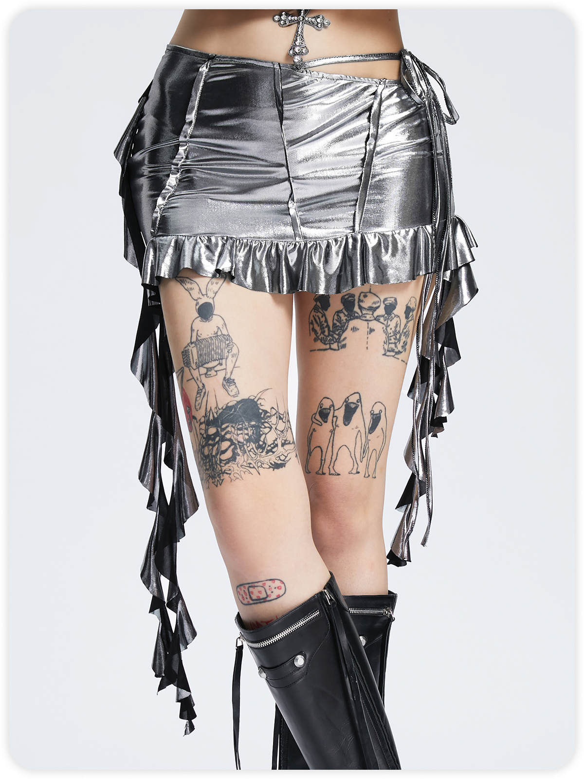 Y2k Silver Ruffles Asymmetrical design Bottom Skirt