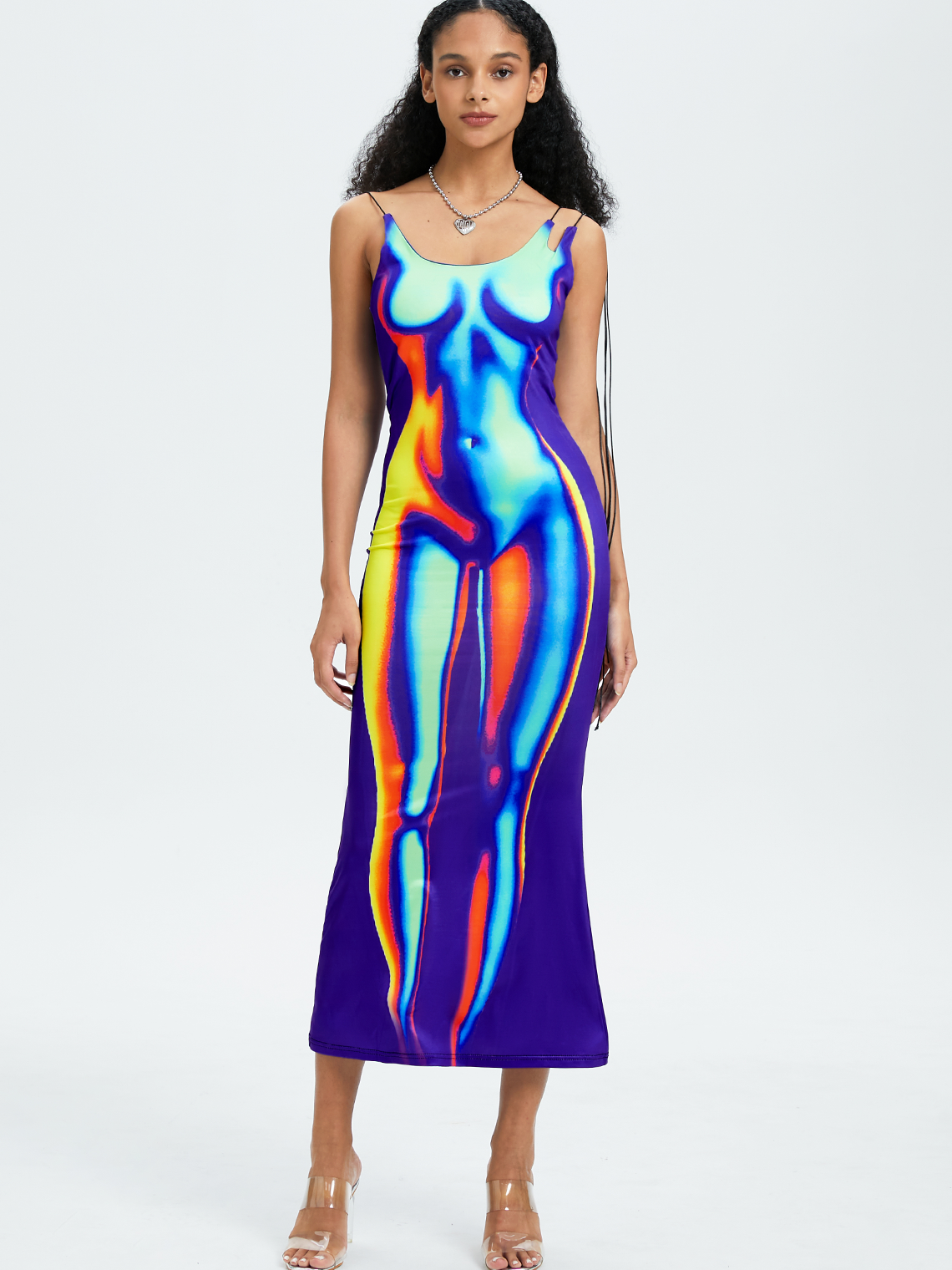 Y2k Multicolor Thermal body print Asymmetrical design Dress Midi Dress