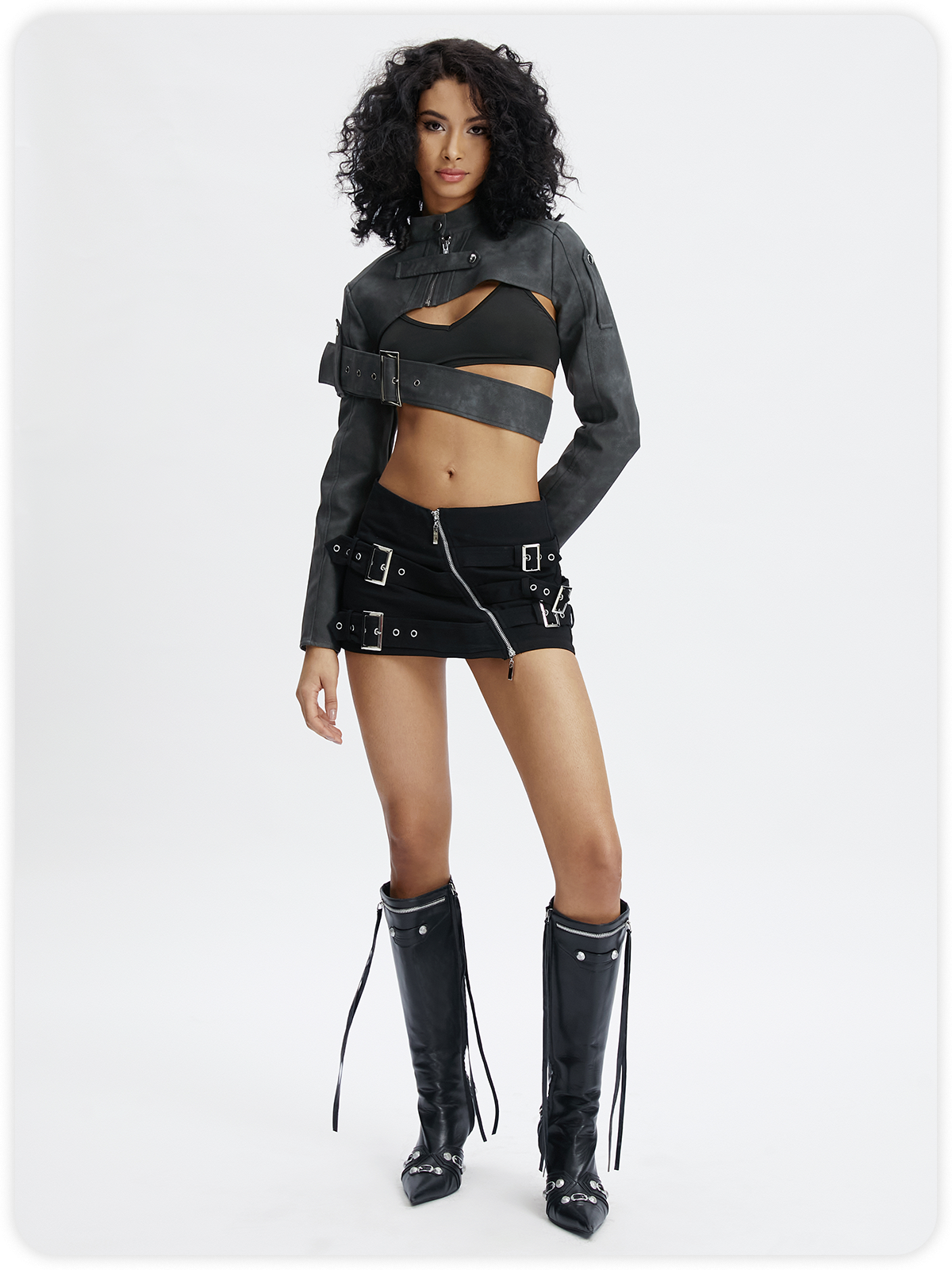 Cotton Metal Detail Zip Up Plain Short Skirt