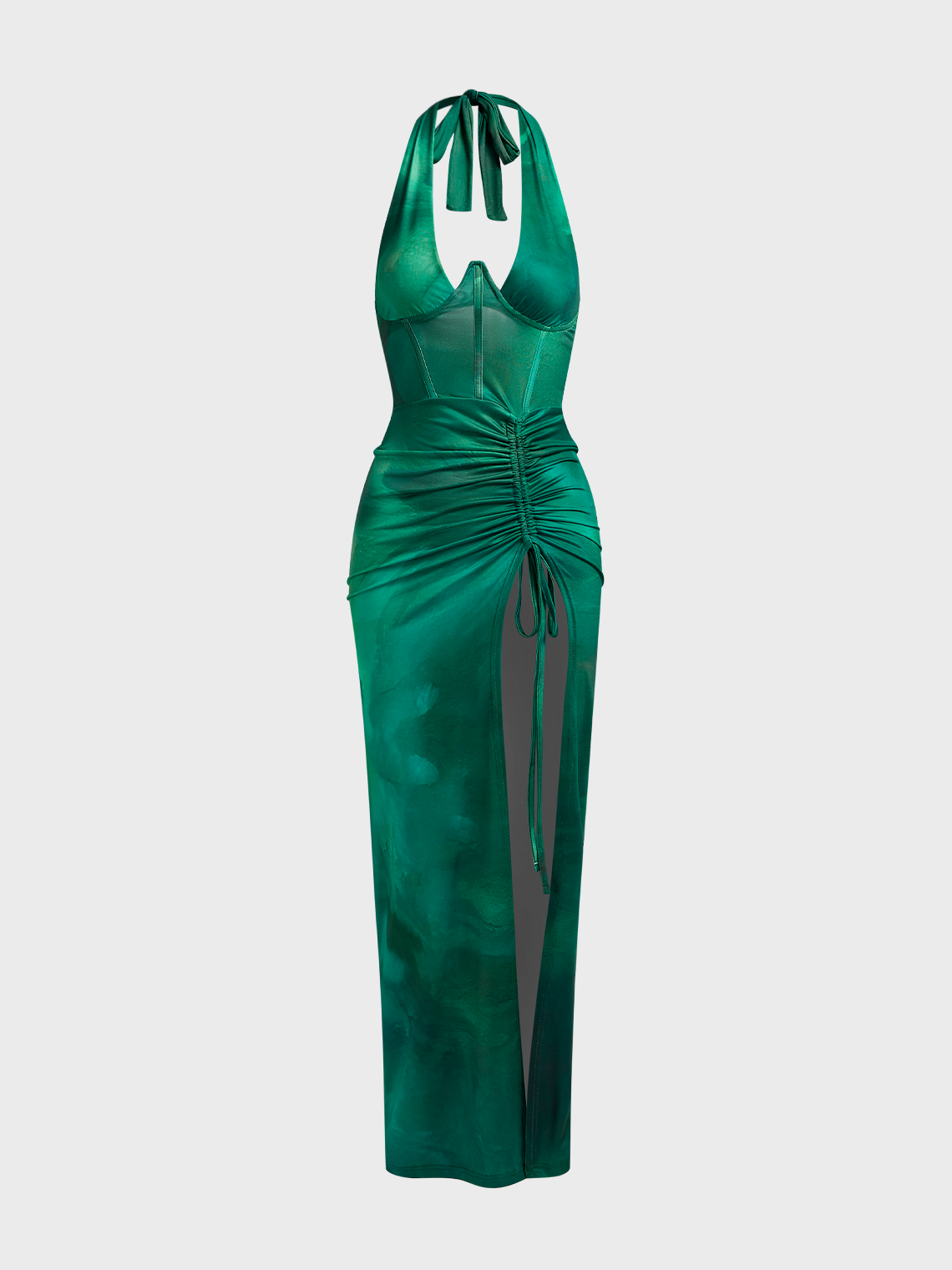 【Final Sale】Side Slit Wrinkled Halter Ombre Sleeveless Maxi Dress