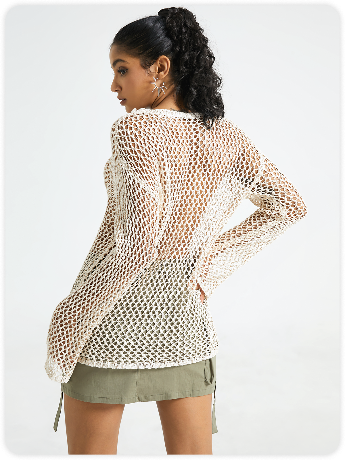 Knitted Hollow Out Crew Neck Plain Long Sleeve Top