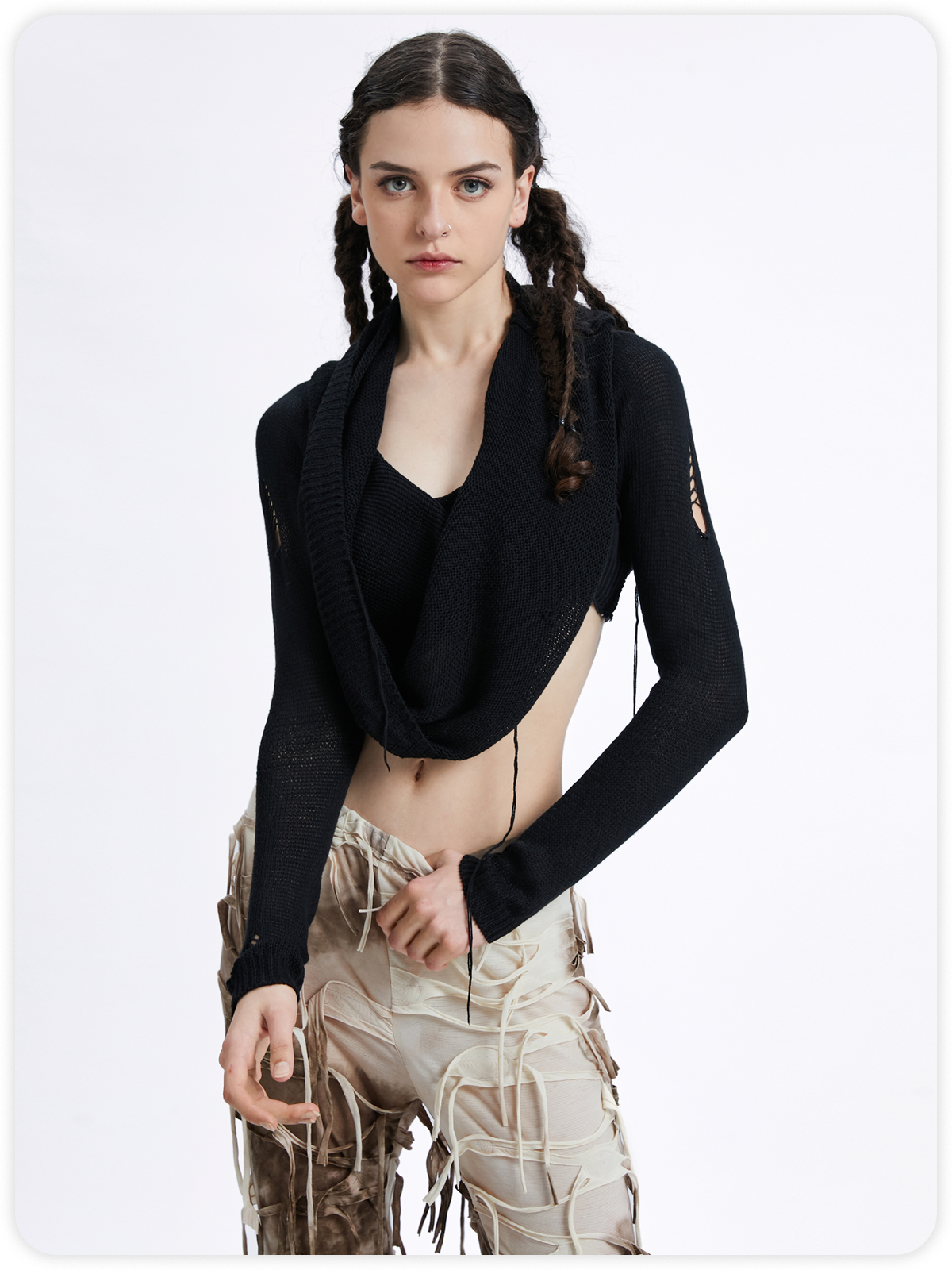 Edgy Black Hooded Cut Out Top Sweater