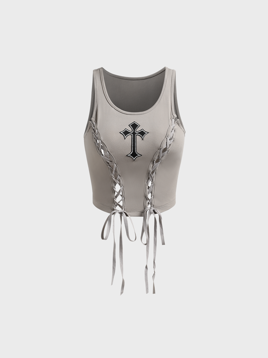 【Final Sale】Cross Embroidery Lace Up Crew Neck Plain Tank Top