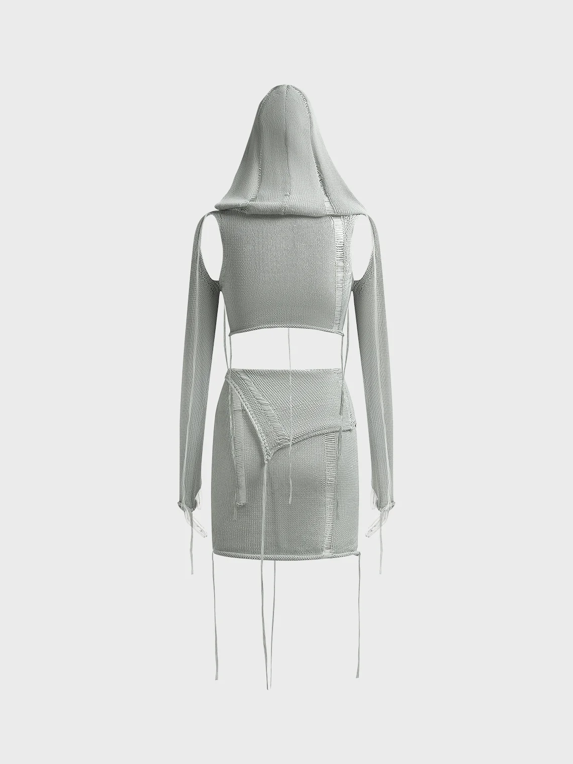 【Final Sale】Knitted Hollow Out Plain Top With Skirt Set