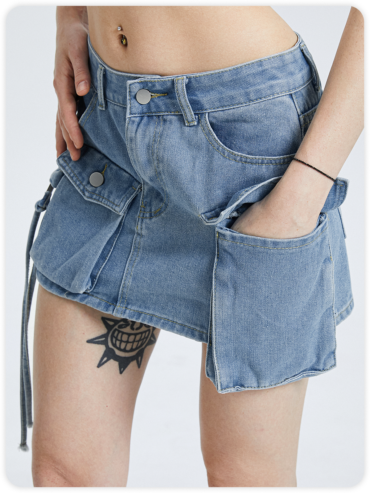 Street Multicolor Denim Pockets Bottom Skirt