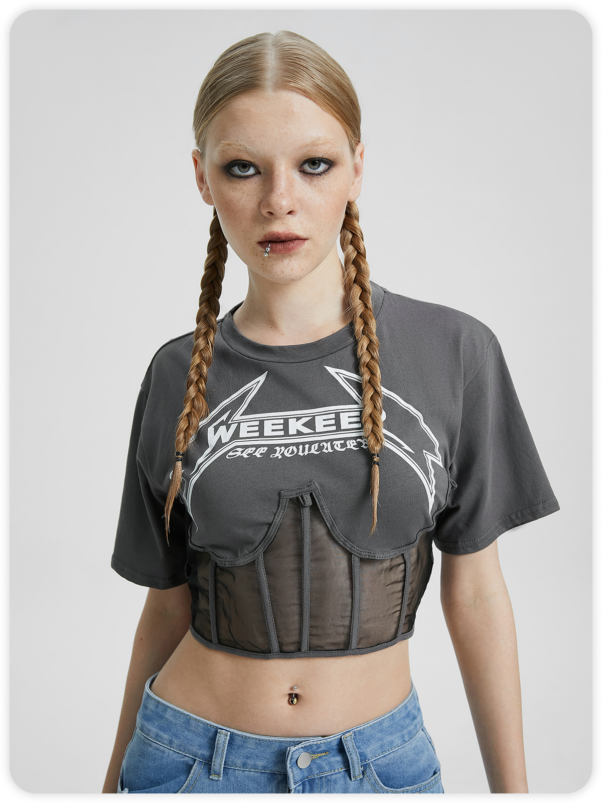 Street Gray Graphic Patchwork Mesh Top T-Shirt