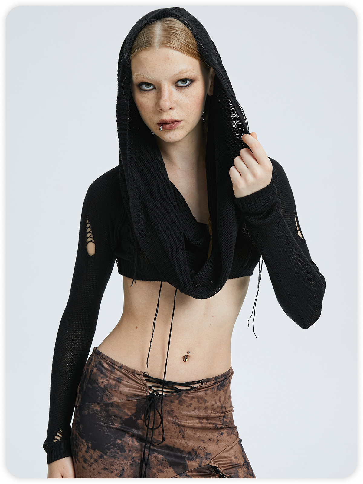 Edgy Black Hooded Cut Out Top Sweater