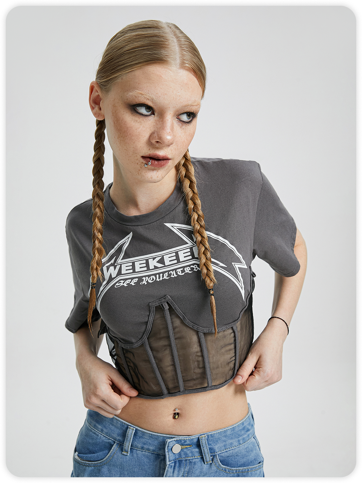 Street Gray Graphic Patchwork Mesh Top T-Shirt