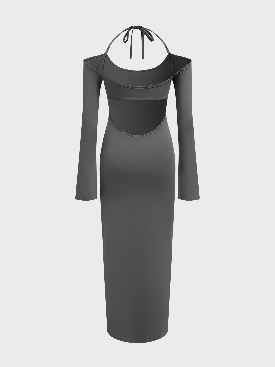 【Final Sale】Split Backless Halter Plain Long Sleeve Maxi Dress