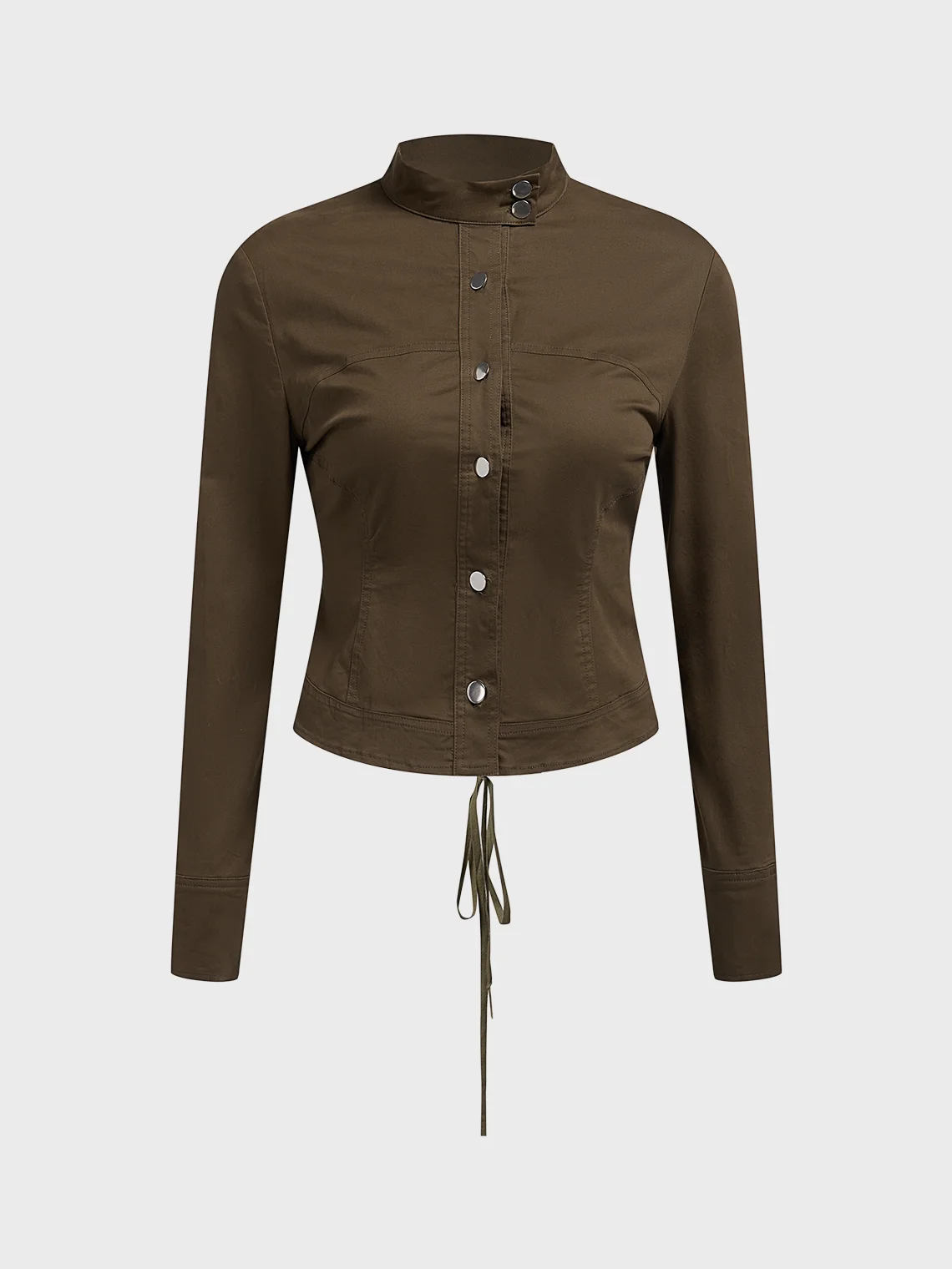 【Final Sale】Twill Stand Collar Button Plain Long Sleeve Jacket