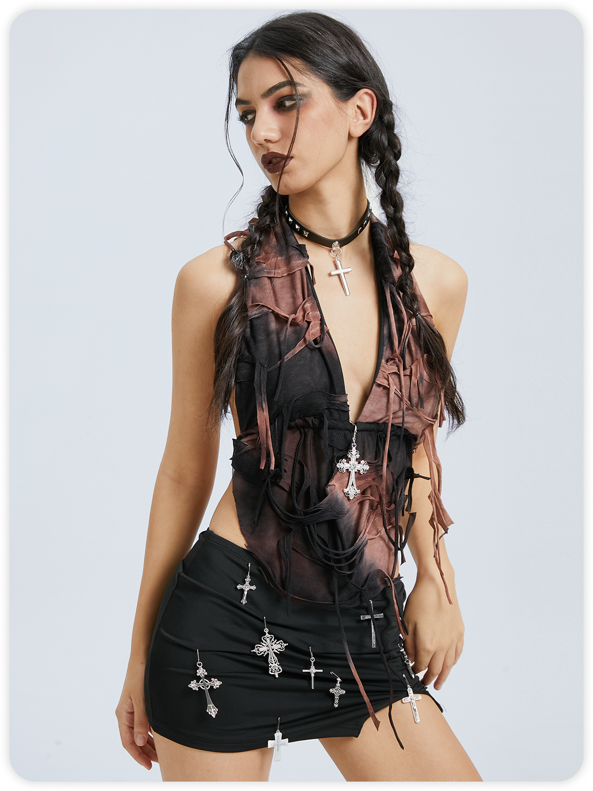 Metal Detail Tie Dye V Neck Cross Tank Top