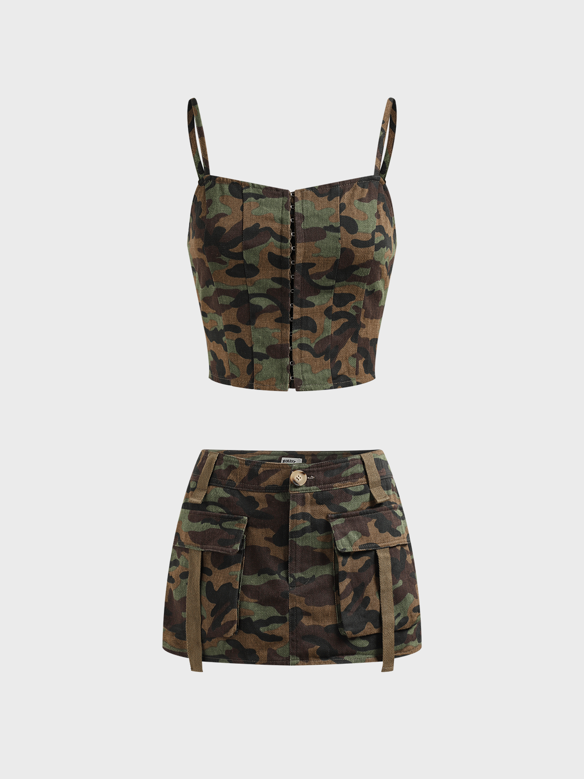 【Final Sale】Twill Cargo Patchwork Camo Top With Skirt Two-Piece Set