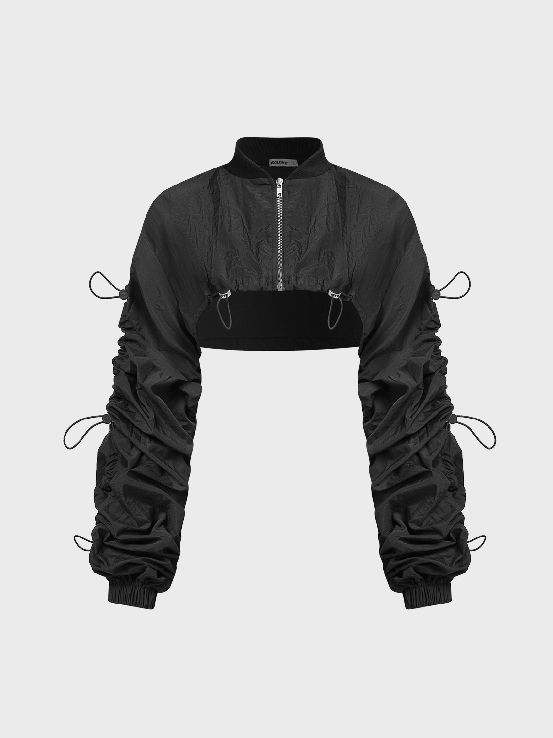 【Final Sale】Rib Fabric Stand Collar Plain Long Sleeve Jacket