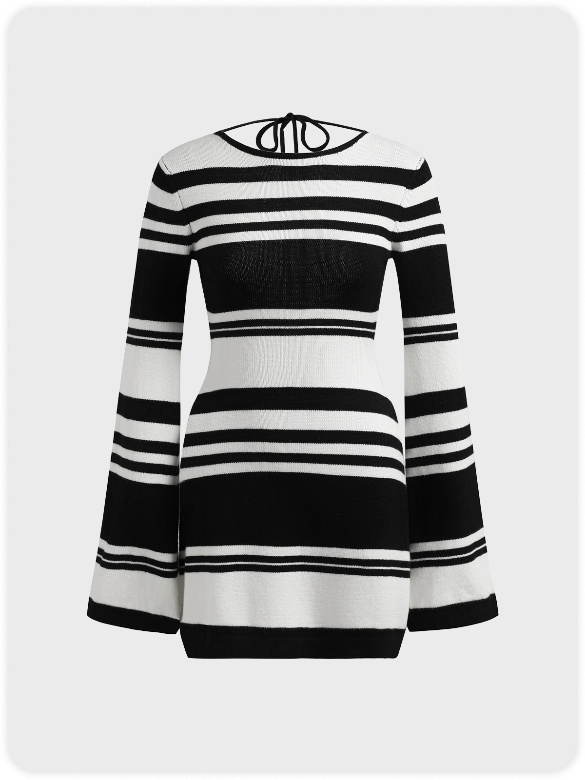 Backless Design Crew Neck Striped Long Sleeve Short Dress