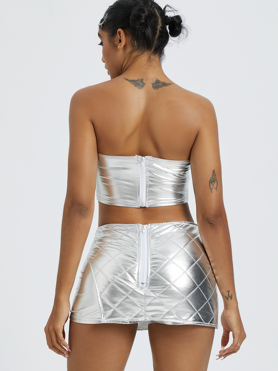 【Final Sale】Metallic Sliver Padded Top With Skirt Two-Piece Set