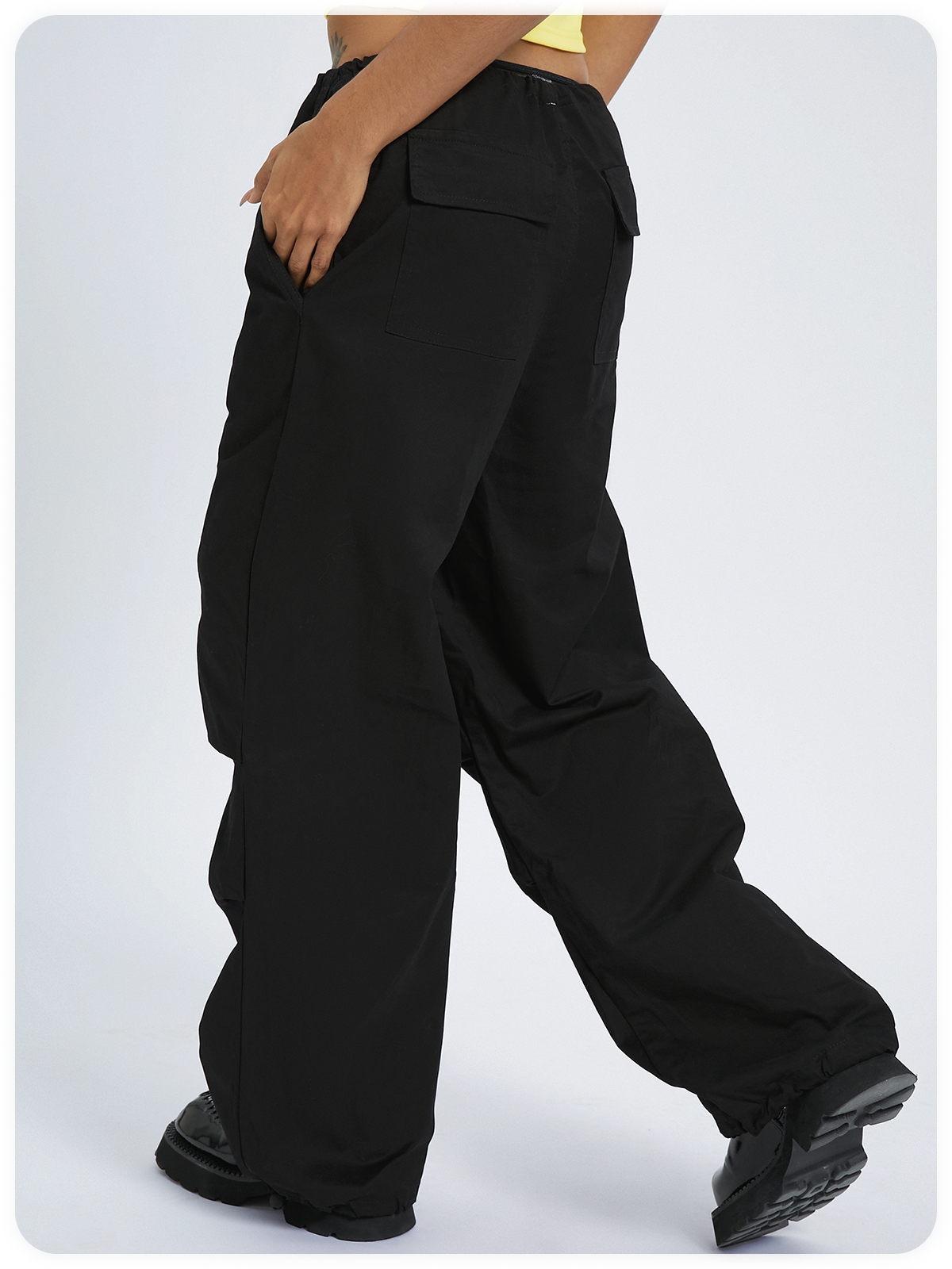 Street Black Cargo Drawstring Bottom Pants