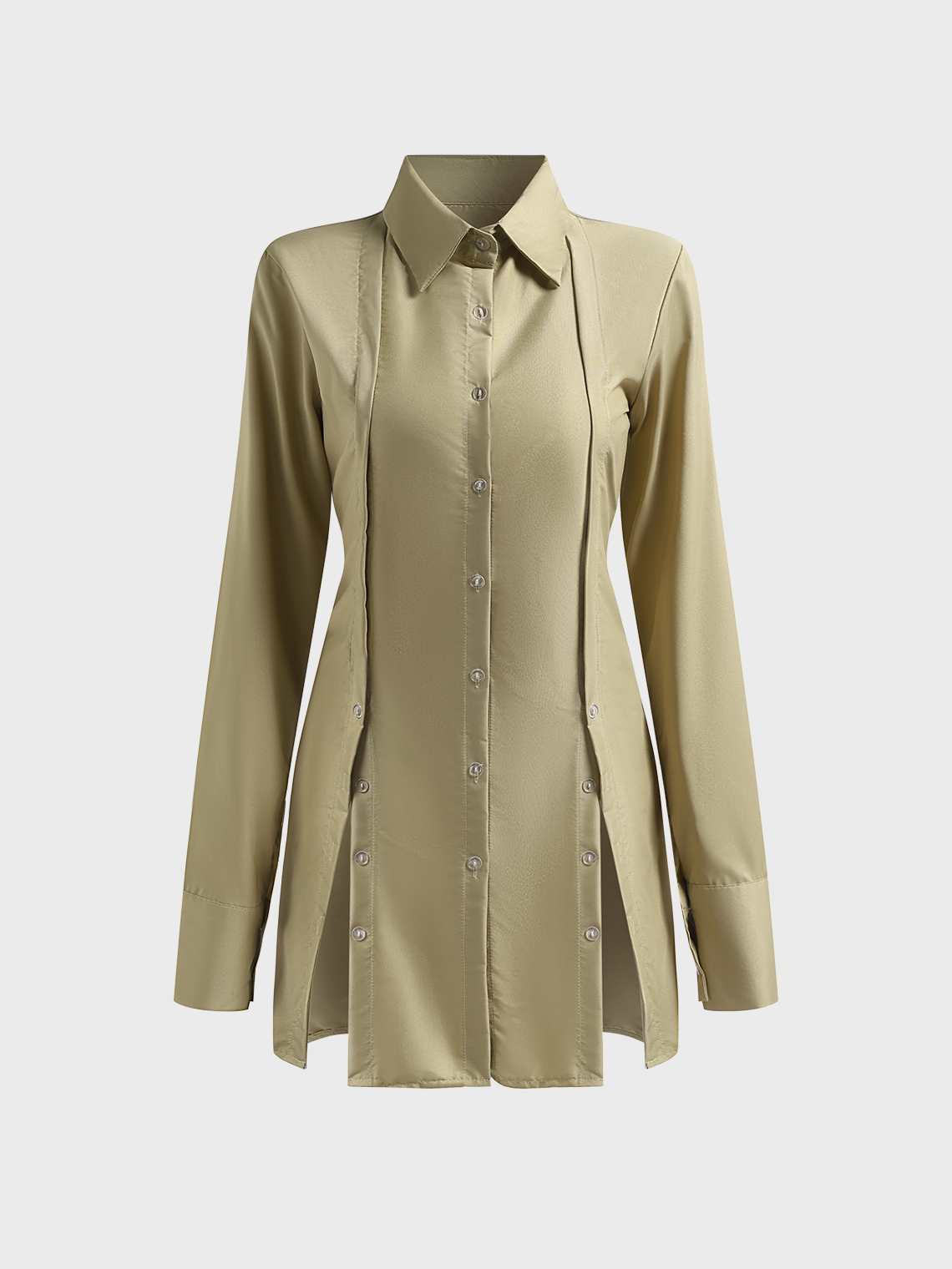 Split Shirt Collar Plain Long Sleeve Short Dress