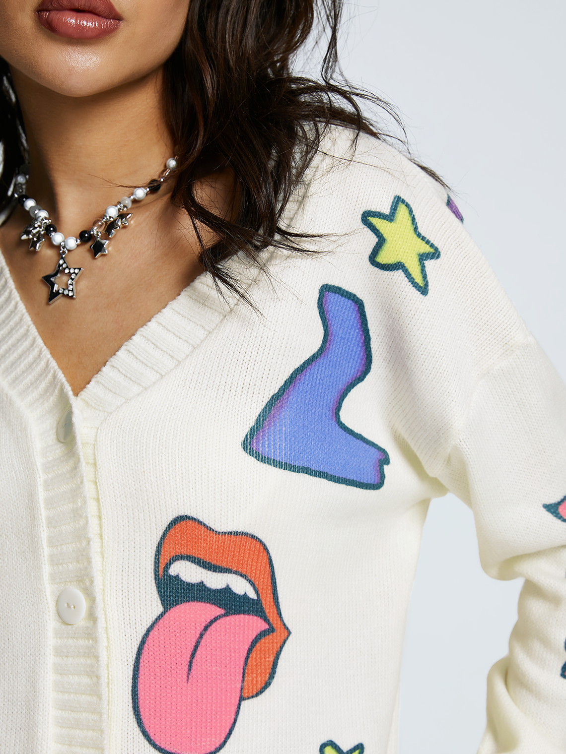 【Final Sale】Knitted Crew Neck Star Pattern Long Sleeve Cardigan