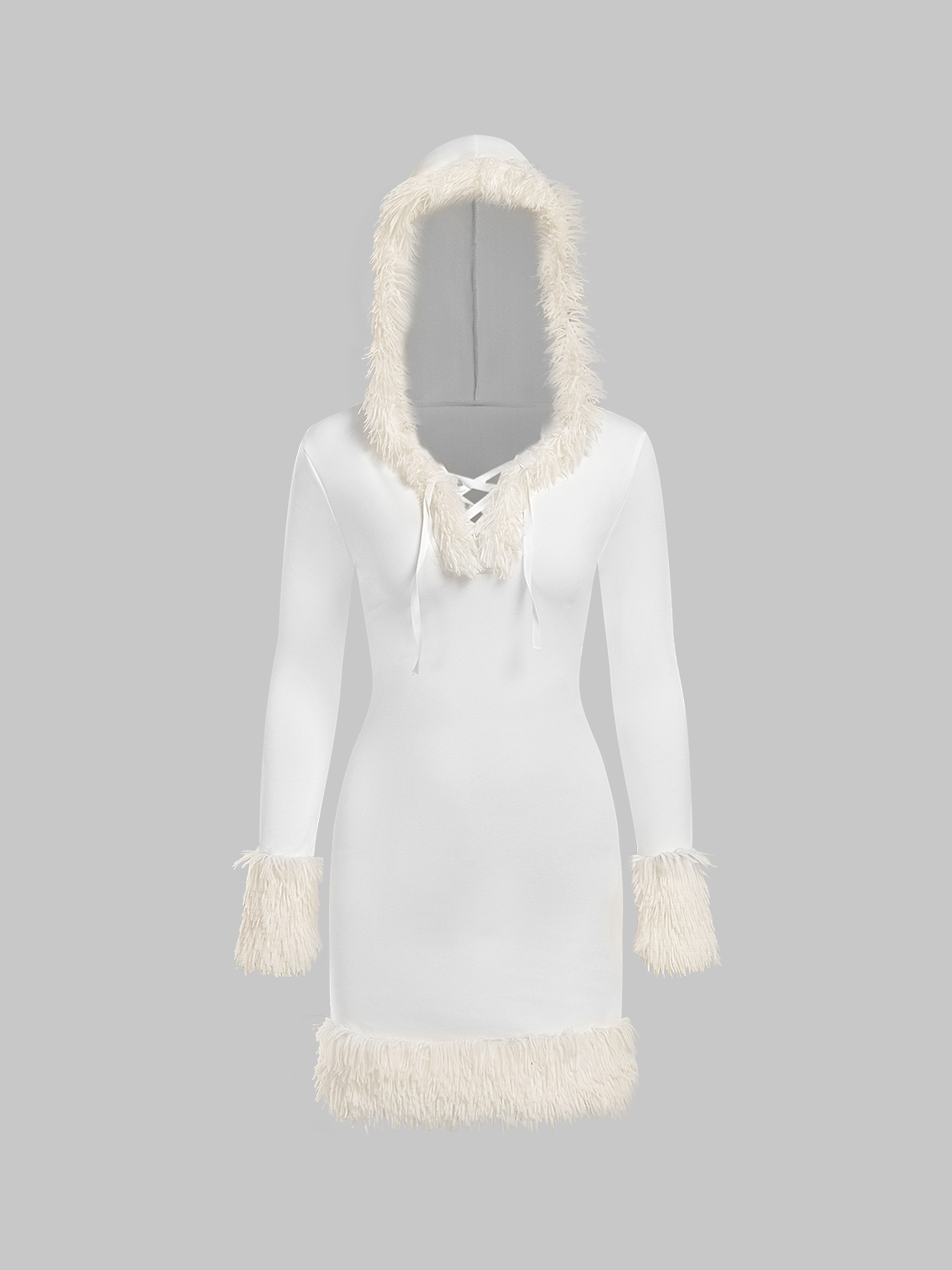 Fuzzy Trim Hooded Plain Long Sleeve Short Dress