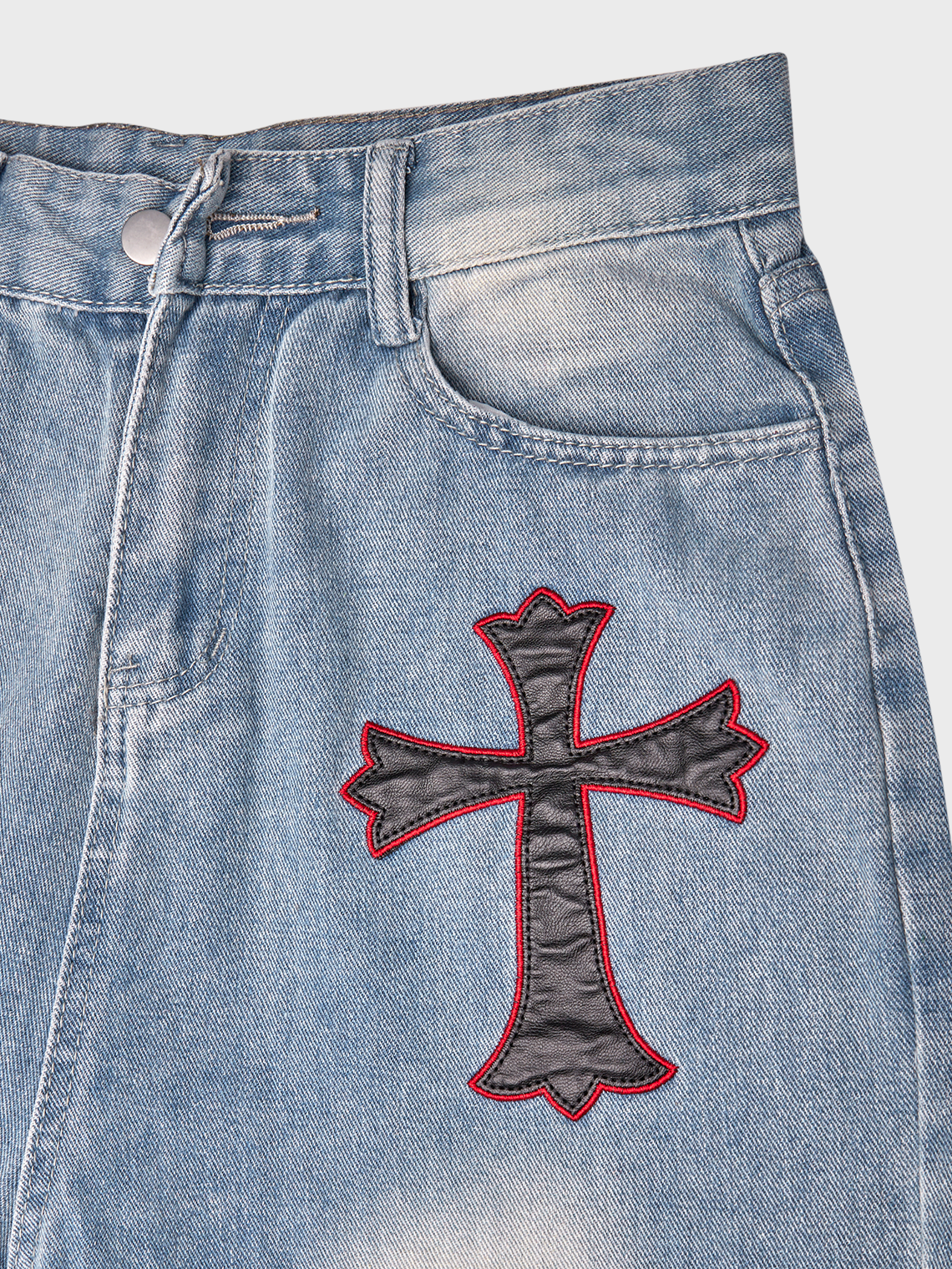 Denim Ripped Cut Out Cross Straight Jeans