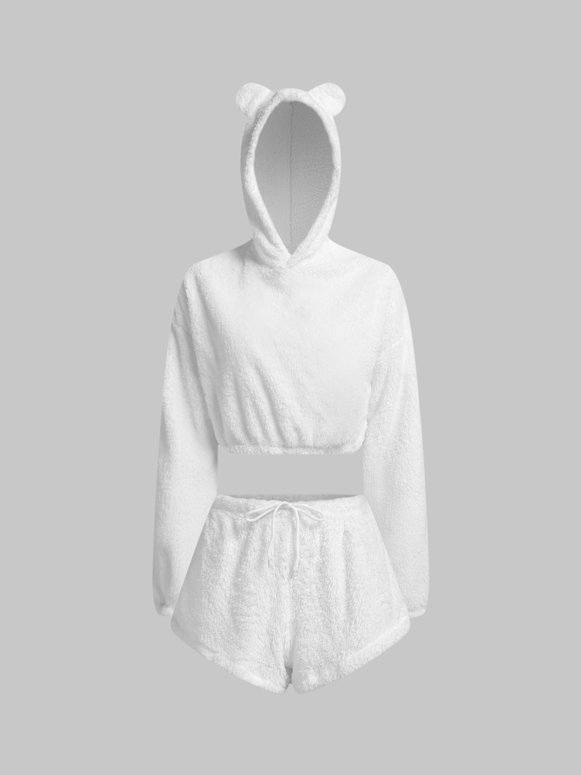 【Final Sale】Fuzzy Plain Hoodie With Shorts Two-Piece Set