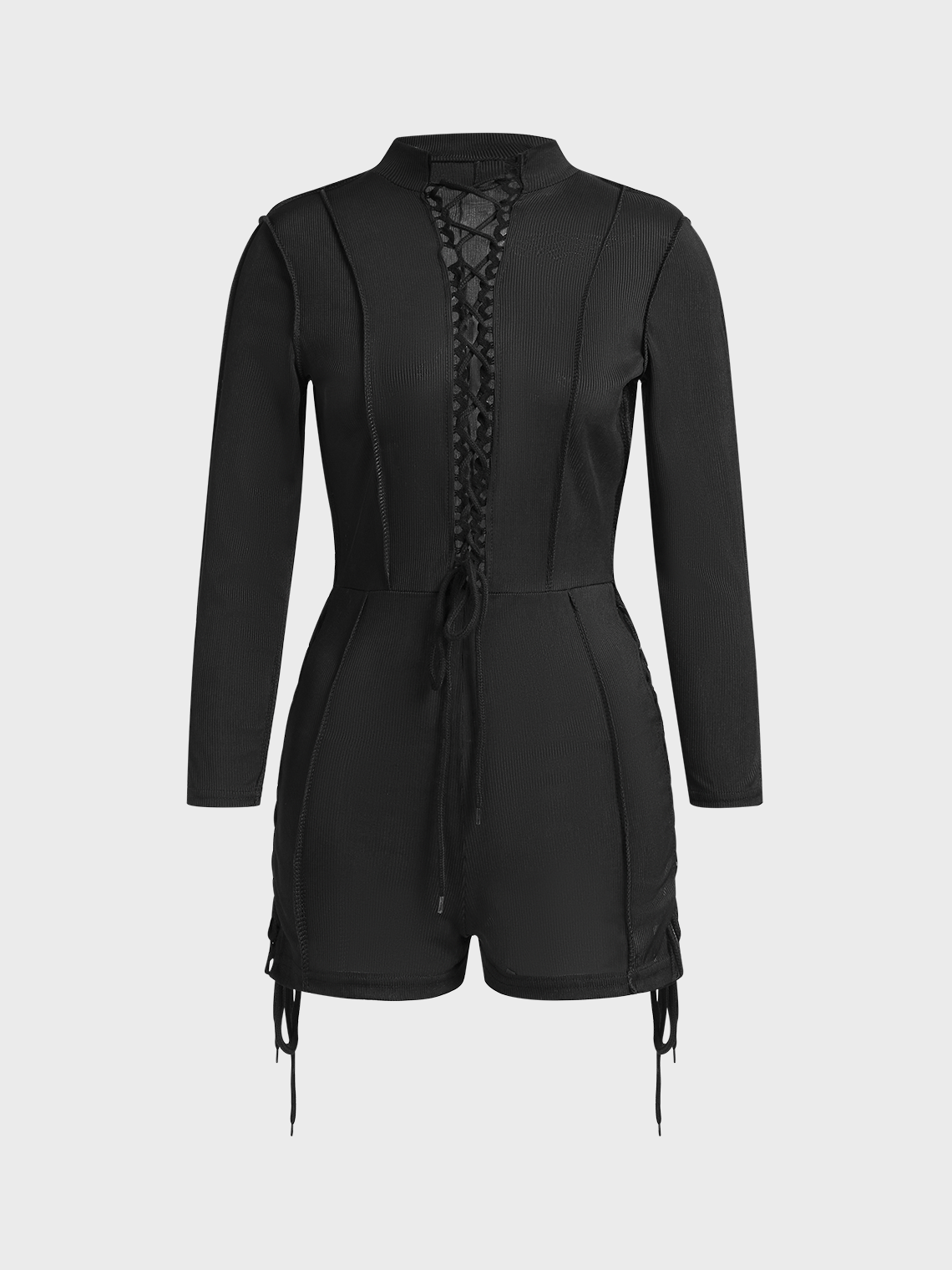 Lace Up Stand Collar Plain Long Sleeve Romper