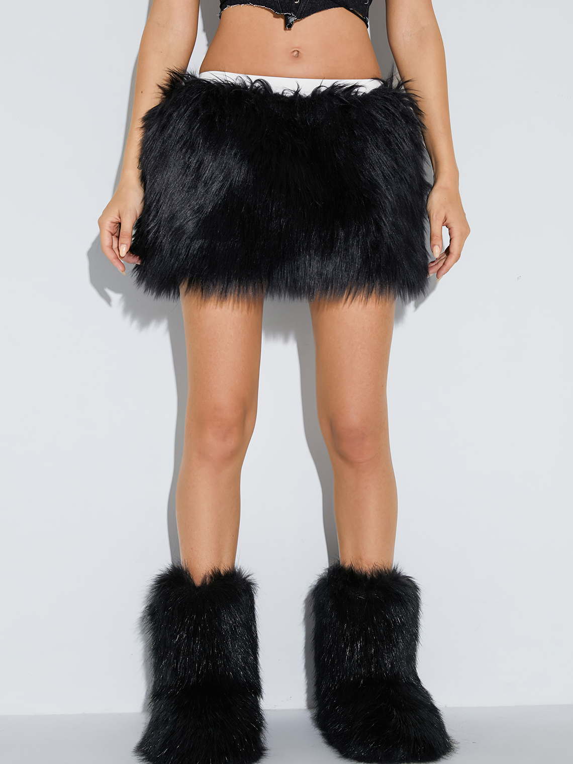 Fuzzy Faux Fur Plain Short Skirt