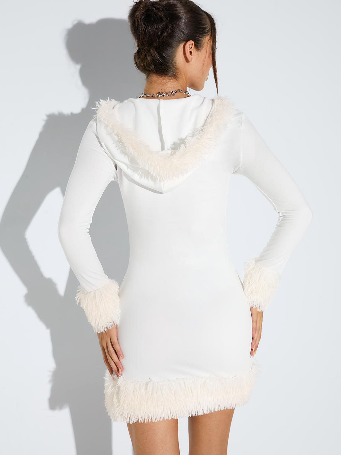 Fuzzy Trim Hooded Plain Long Sleeve Short Dress