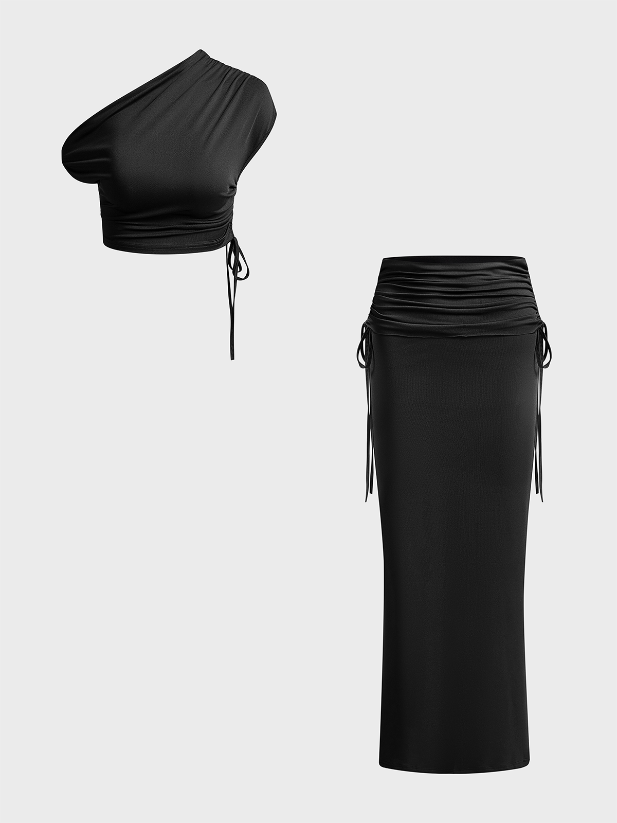 Drawstring Asymmetrical Plain Top With Skirt Two-Piece Set