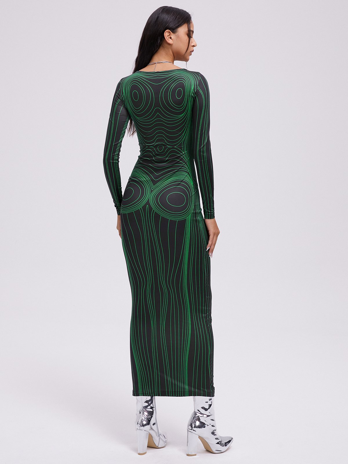Body Print Crew Neck Long Sleeve Maxi Dress