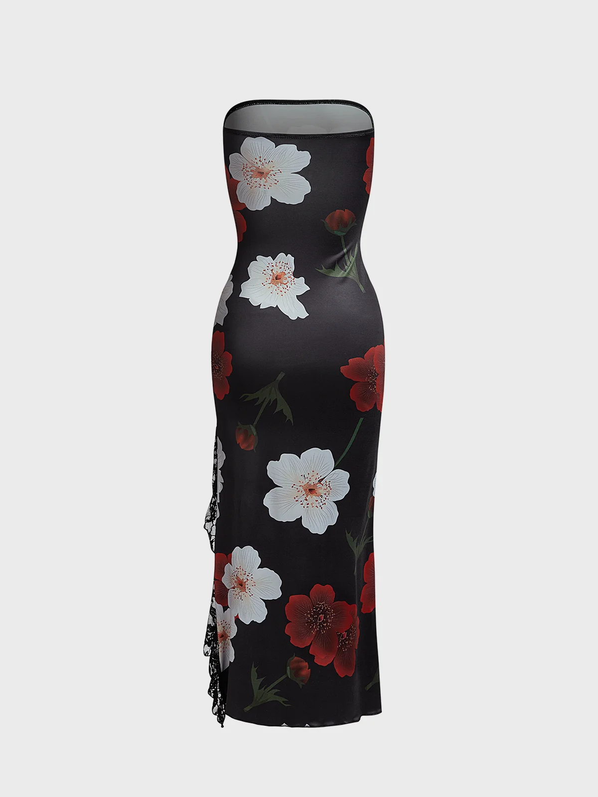 Side Slit Ruffles Strapless Floral Sleeveless Maxi Dress