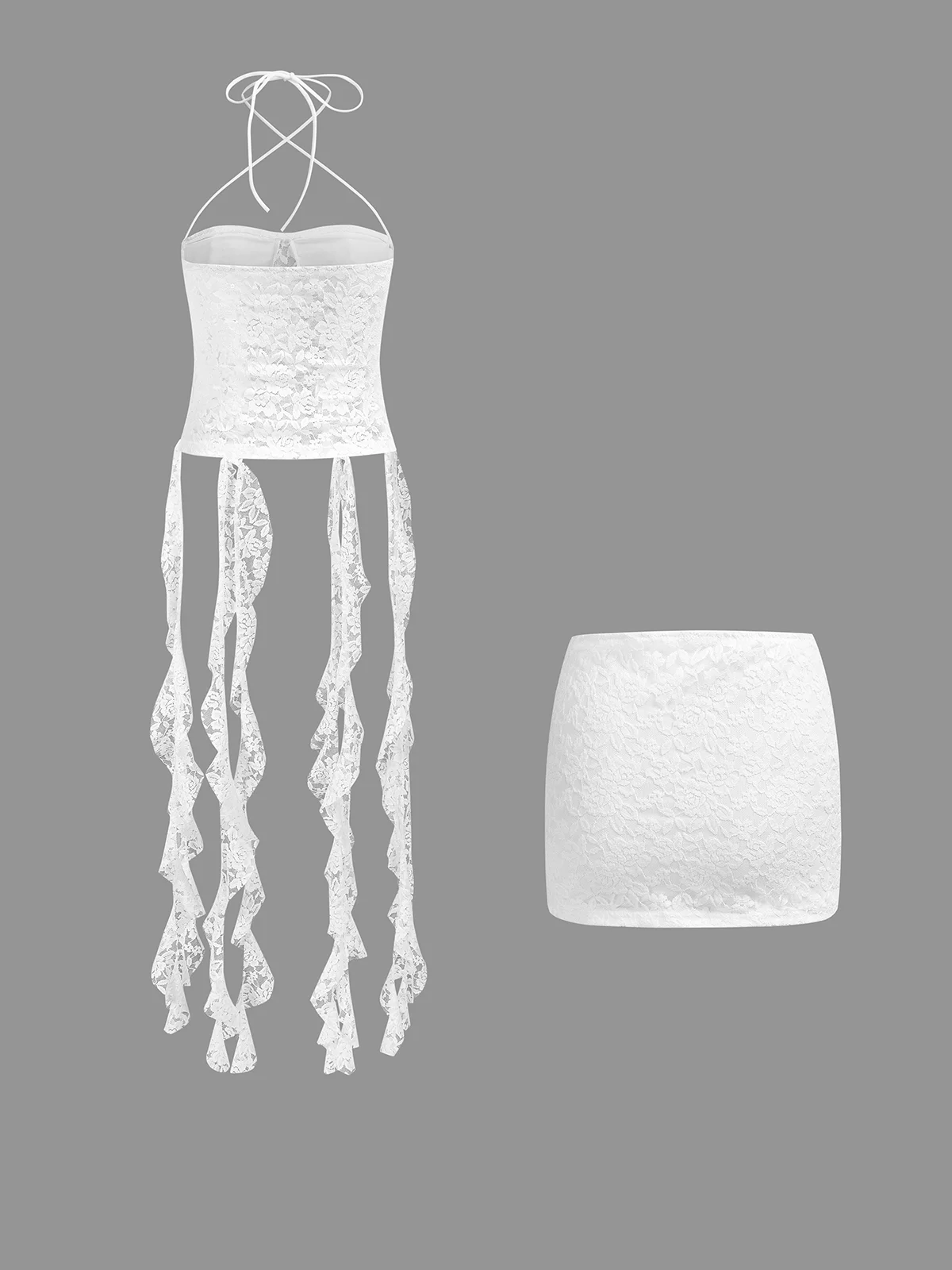 Lace Halter Plain Top With Skirt Two-Piece Set