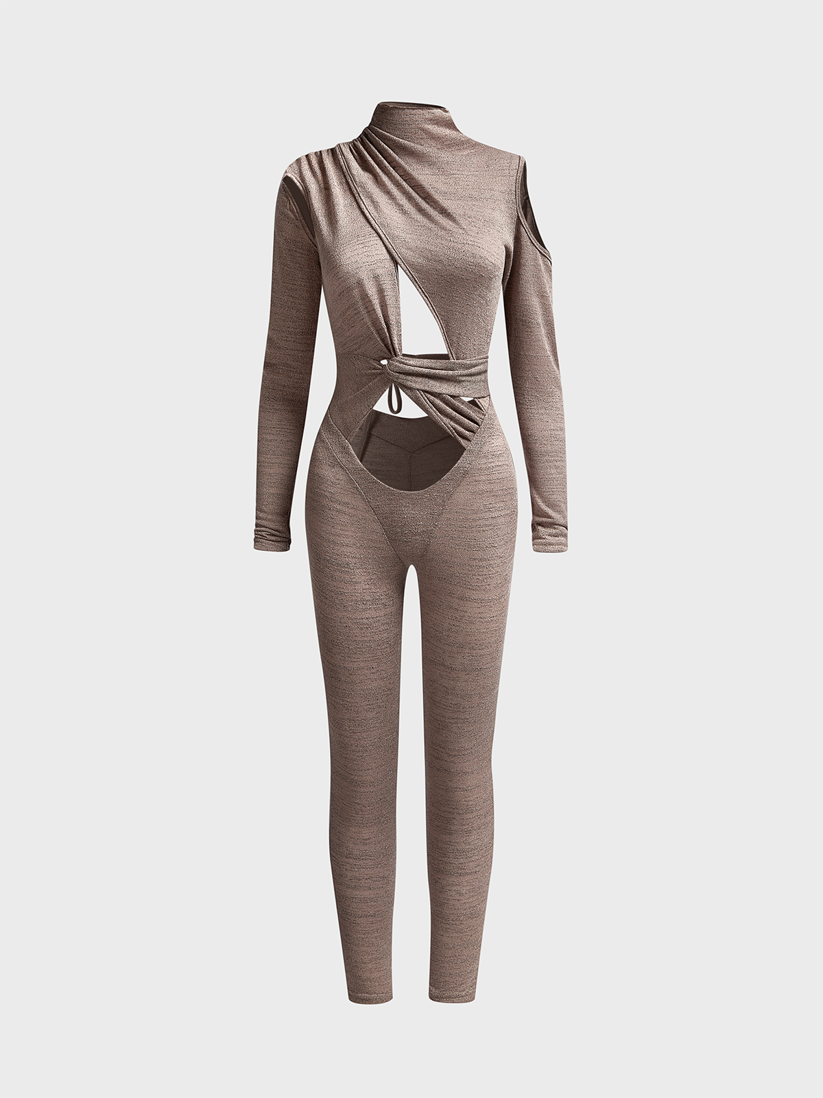 Cut Out Asymmetrical Turtleneck Plain Long Sleeve Jumpsuit