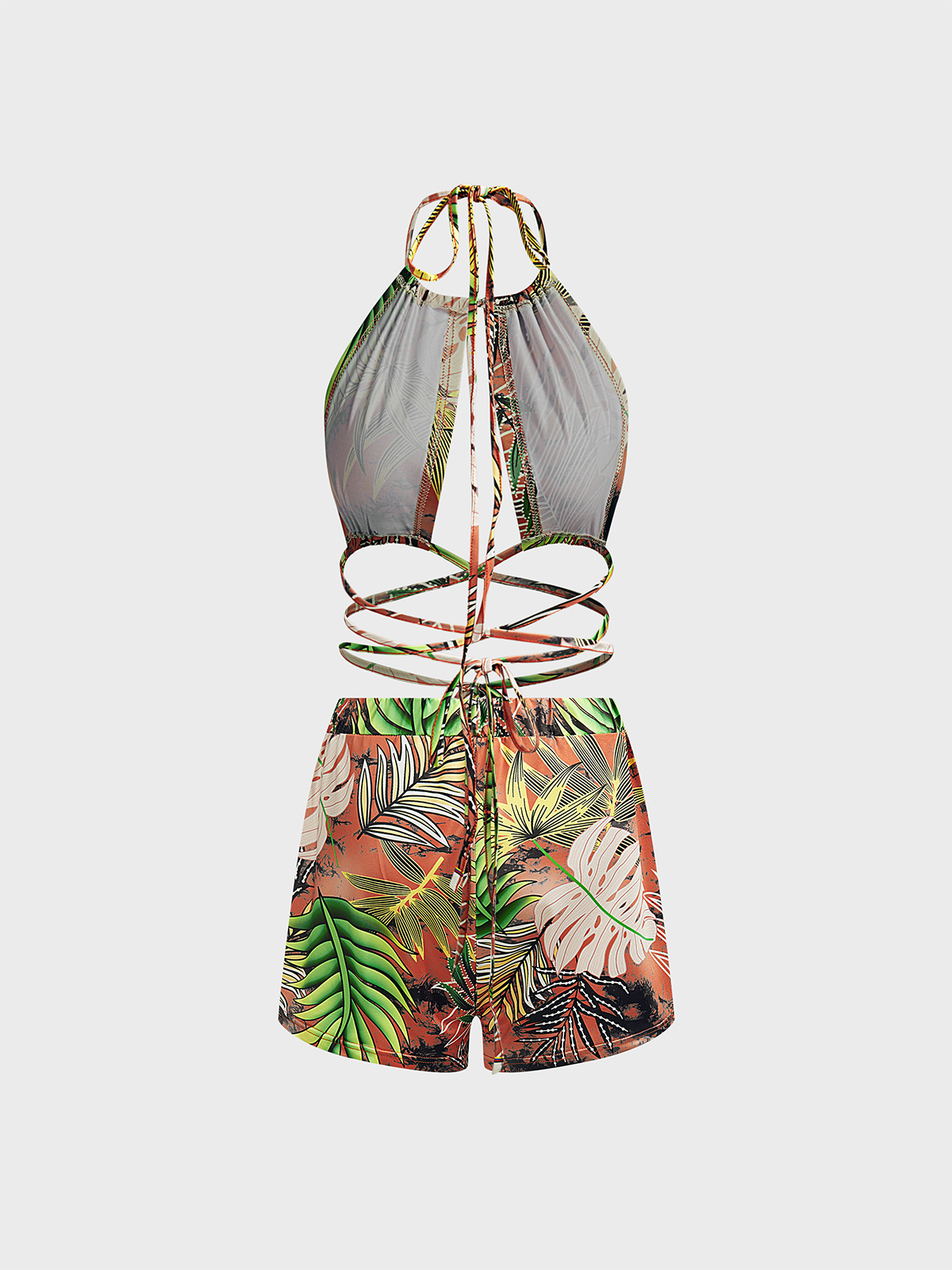 Lace Up Backless Tropical Top With Skirt Two-Piece Set