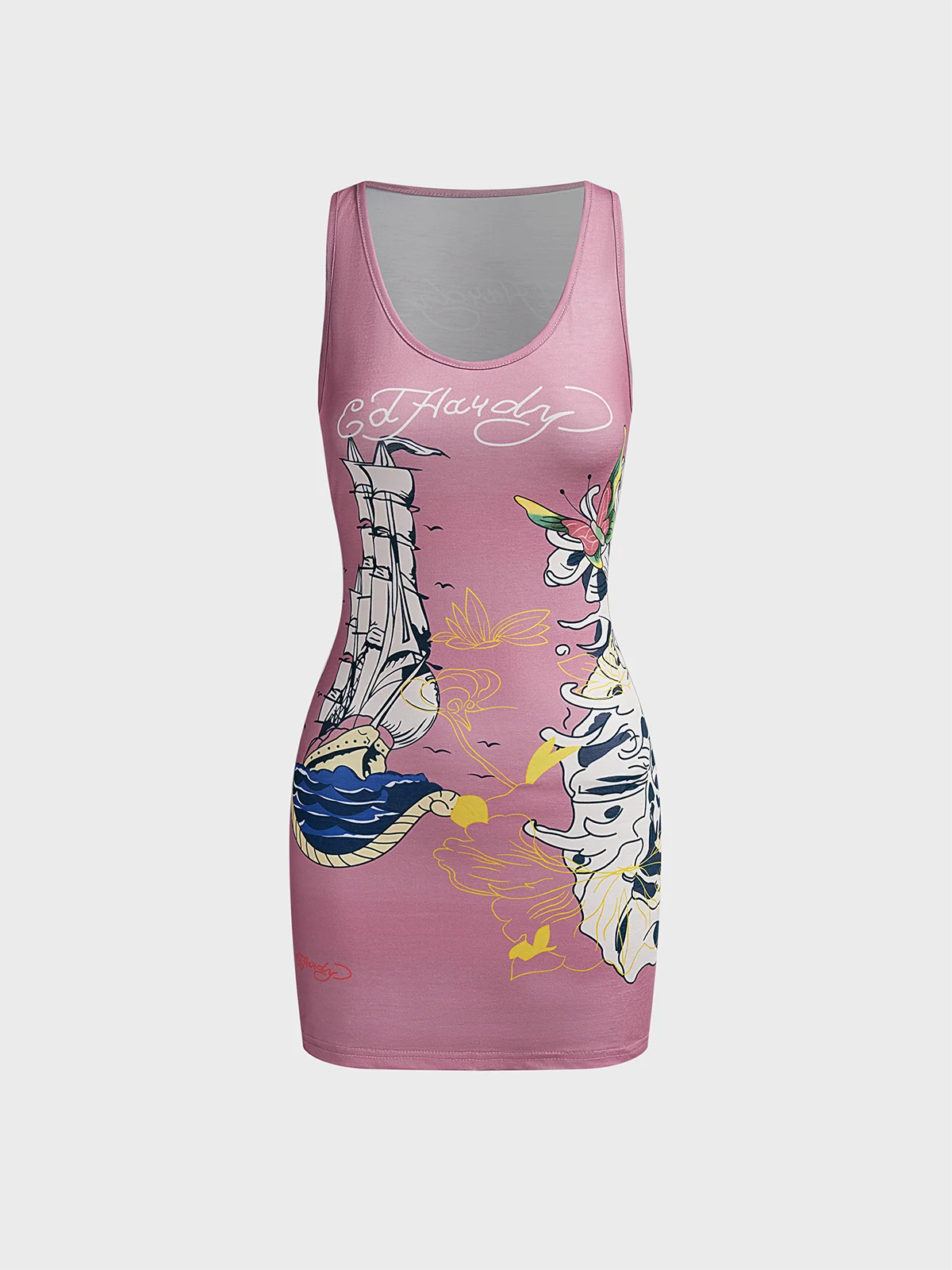 Crew Neck Landscape Print Sleeveless Mini Dress