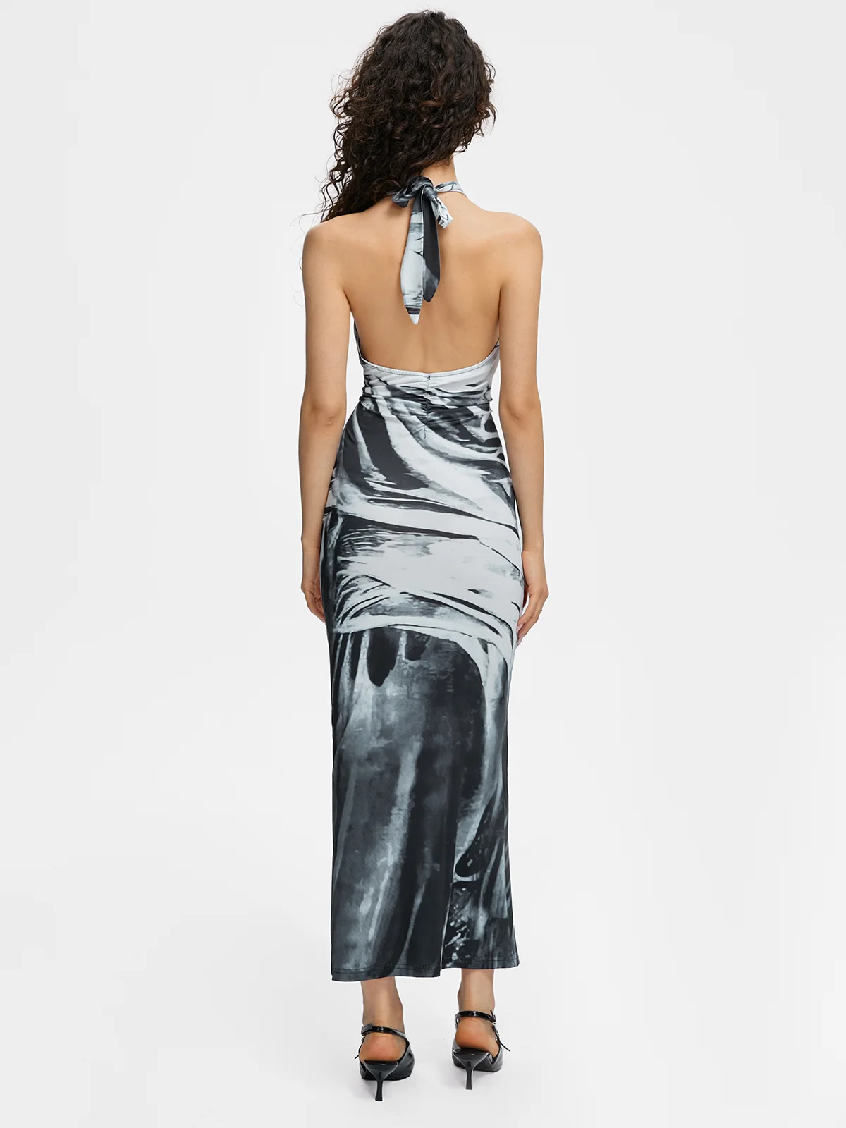 Body Print Halter Plain Sleeveless Maxi Dress