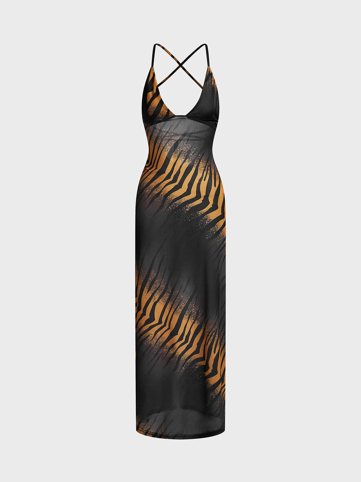 Mesh Spaghetti Animal Print Sleeveless Maxi Dress